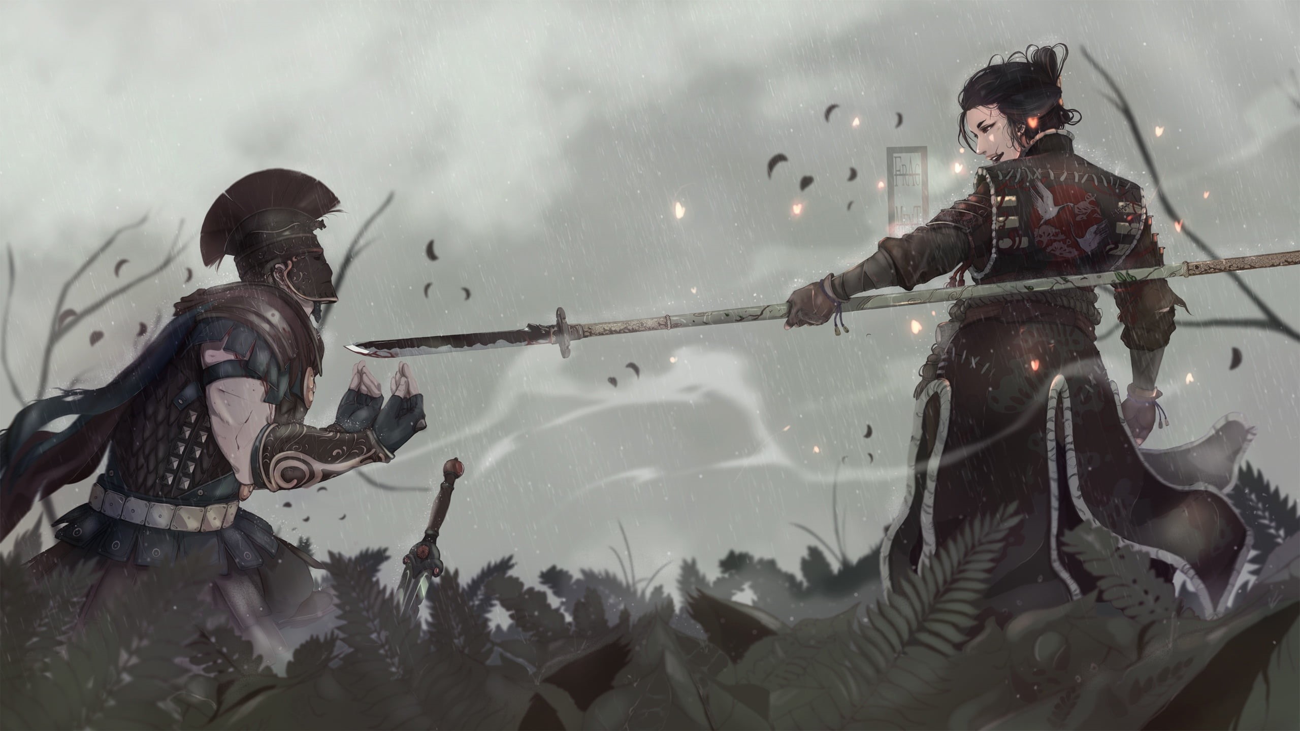 artist, centurion, armor, warrior, Roman Avseenko, artwork, weapons, Roman centurion, samurai, 2K, fantasy, rain, fanyasy art, spear, sword, digital art, HD Wallpaper