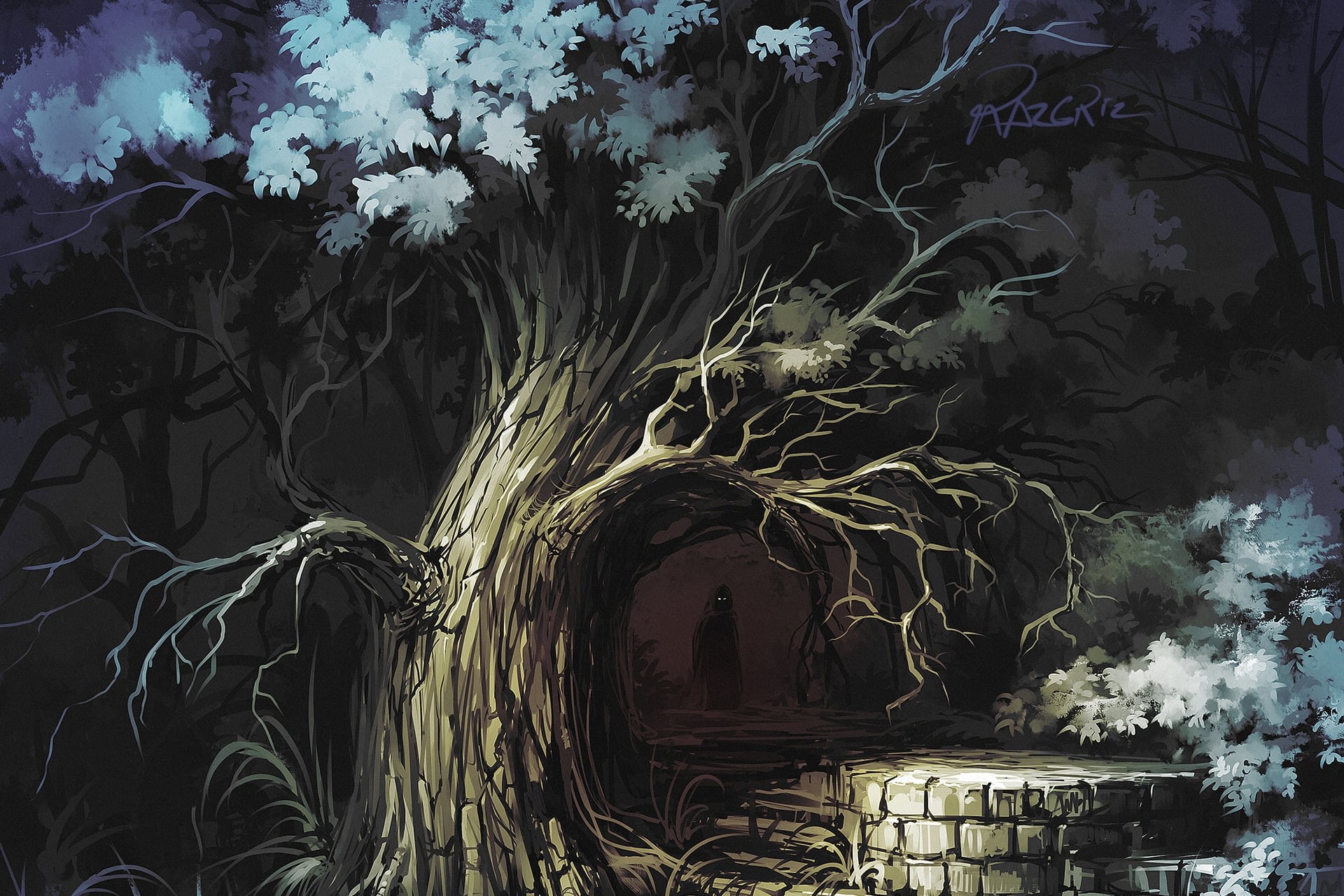 Figure, 1080P, a little dark, Silhouette, Tree, Art, Roman Avseenko, by Roman Avseenko, Forest, Darkness, HD Wallpaper