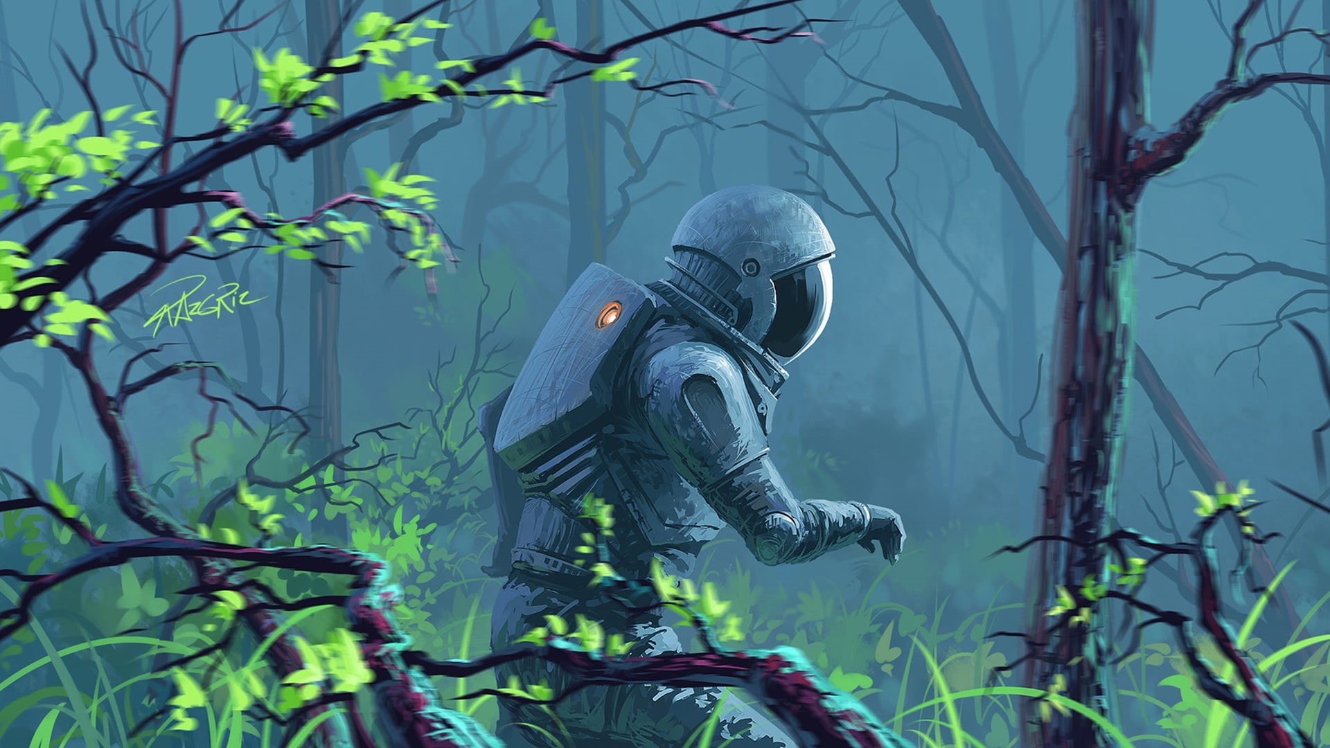 Figure, 1080P, Fiction, Astronaut, by Roman Avseenko, Art, Forest, The suit, Roman Avseenko, HD Wallpaper