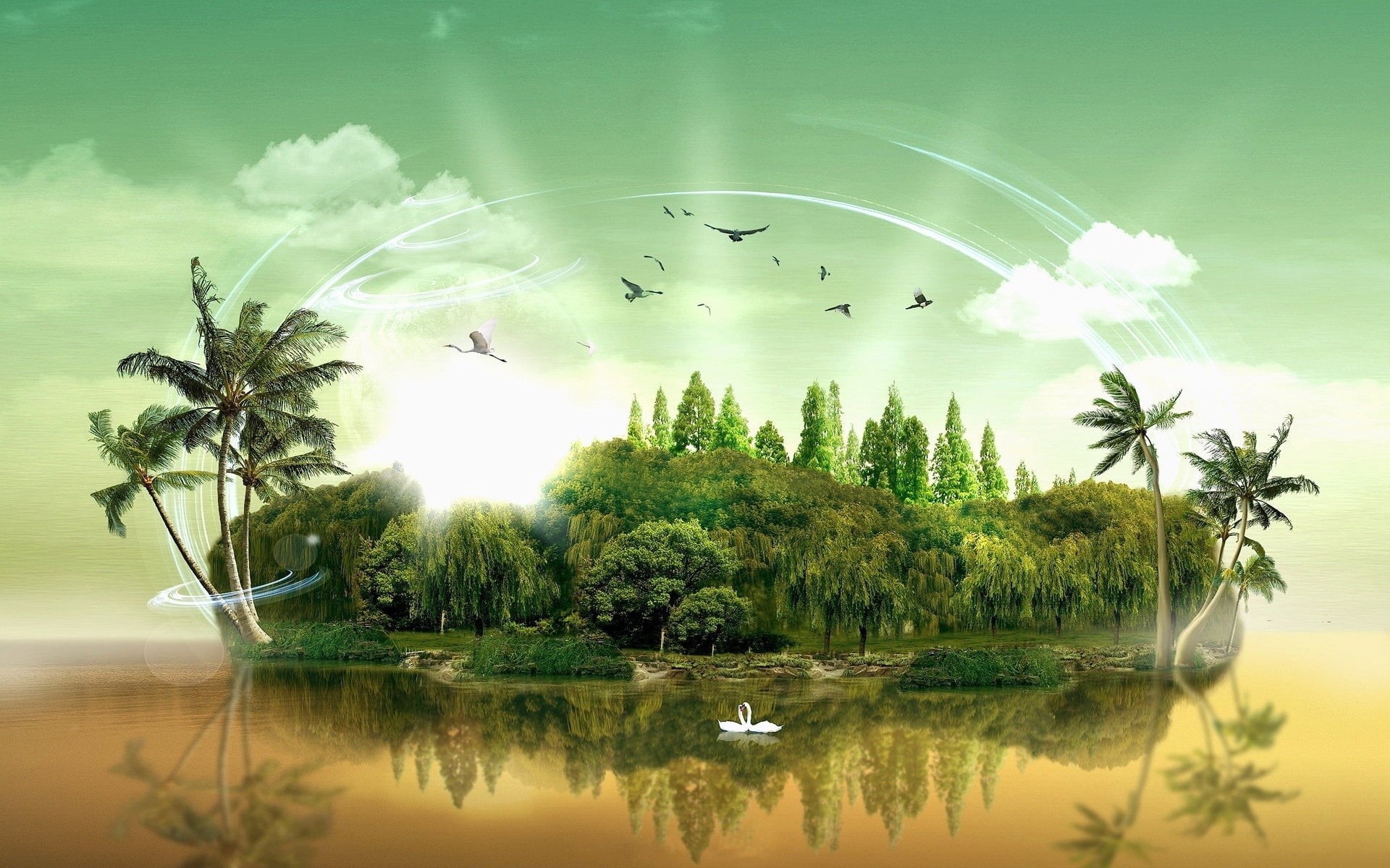 vertebrate, animal wildlife, trees, digital composite, vacations, blue, summer, river, reflection, vector, plant, group of animals, flock of birds, flying, HD Wallpaper