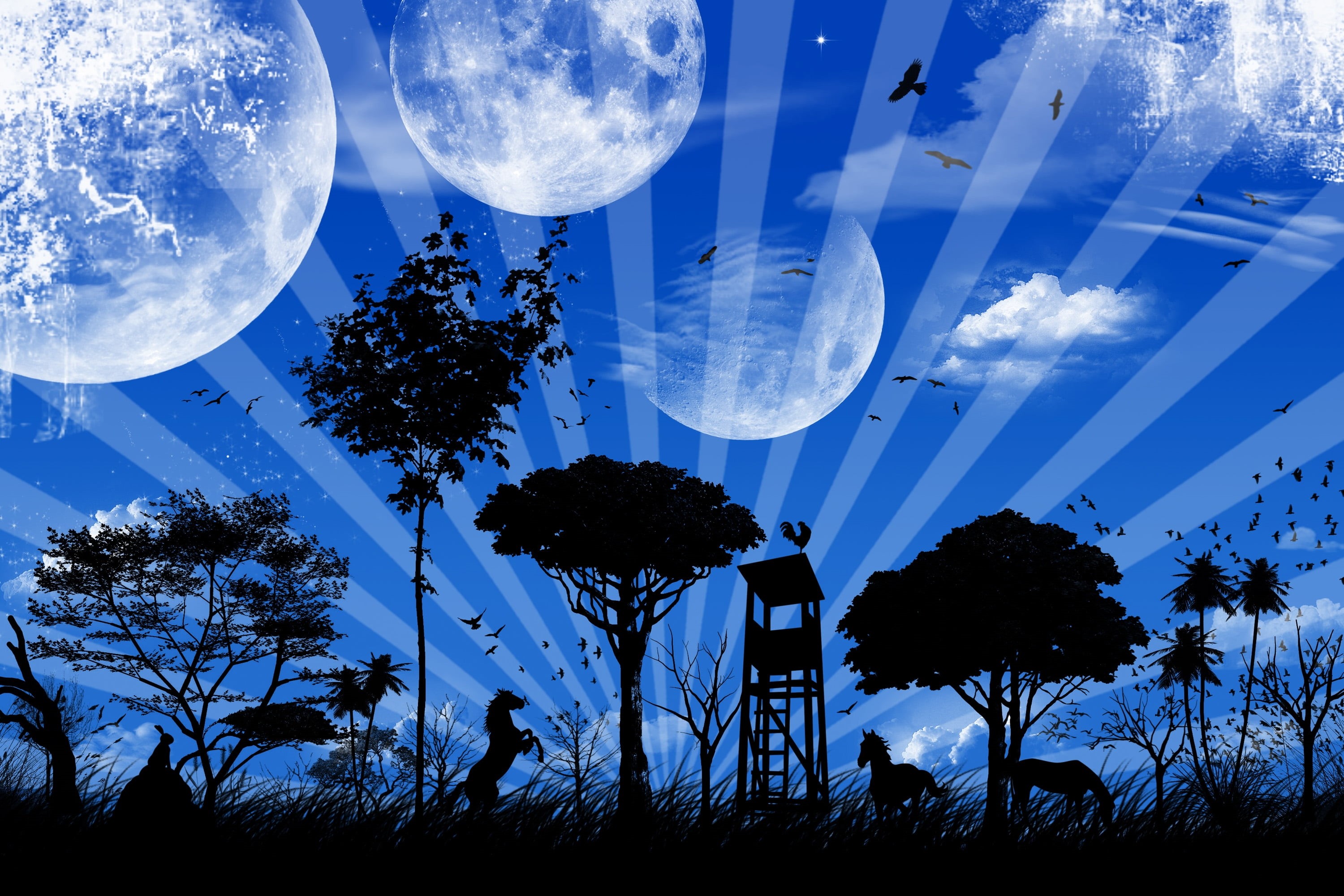 world, landscape, silhouette, low angle view, moon, outdoors, built structure, two people, nature, sky, architecture, blue, beauty in nature, illustration, HD Wallpaper