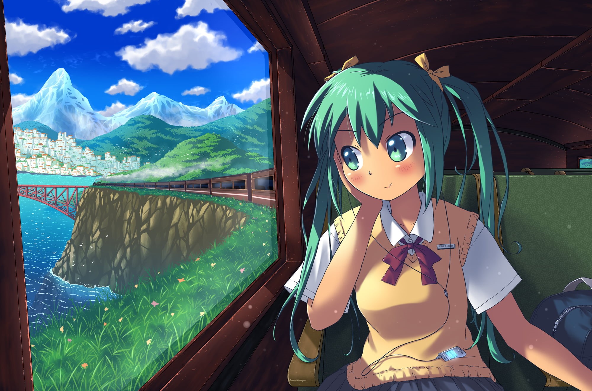beauty in nature, female, player, young adult, schoolgirl, vocaloid, forest, landscape, mountain range, people, bags, real people, bridge, cloud - sky, HD Wallpaper