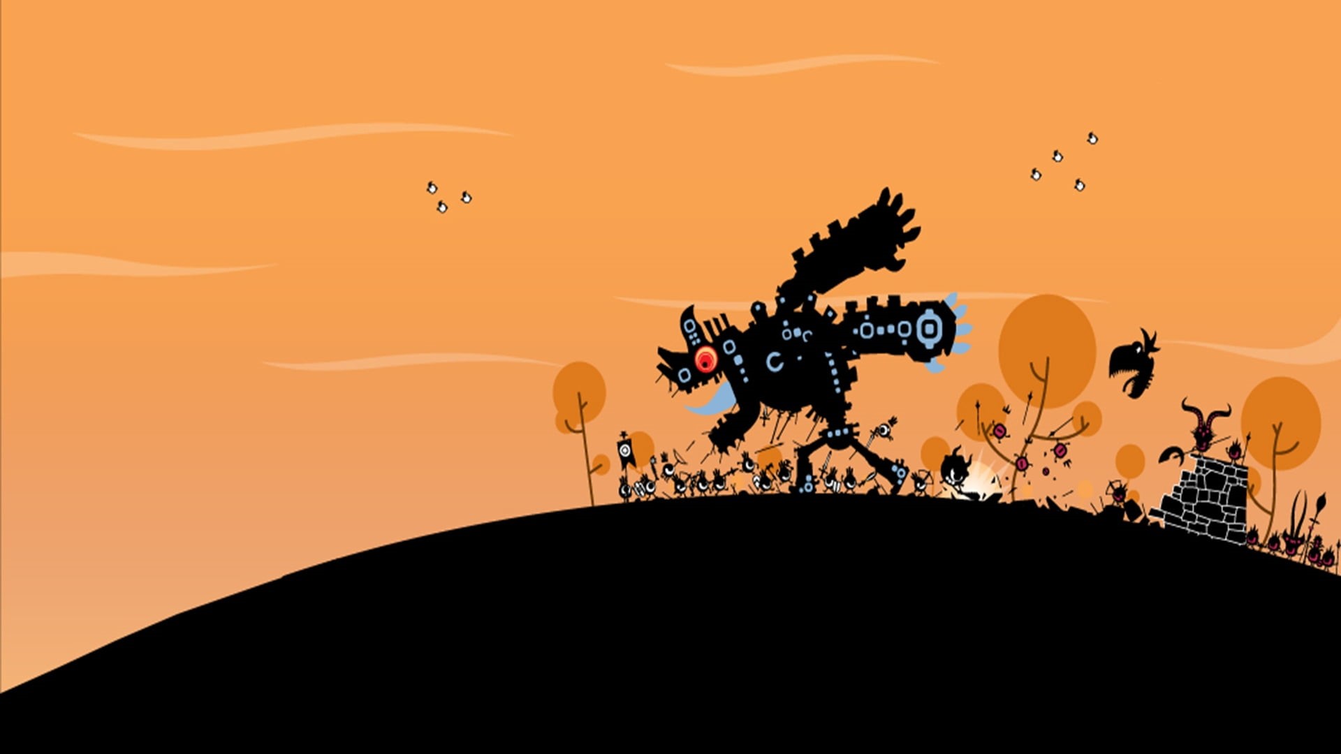 vector, backgrounds, orange Color, landscape, vertebrate, animal representation, digital, 1080P, ground, forest, sunset, sky, group of animals, computer Graphic, HD Wallpaper