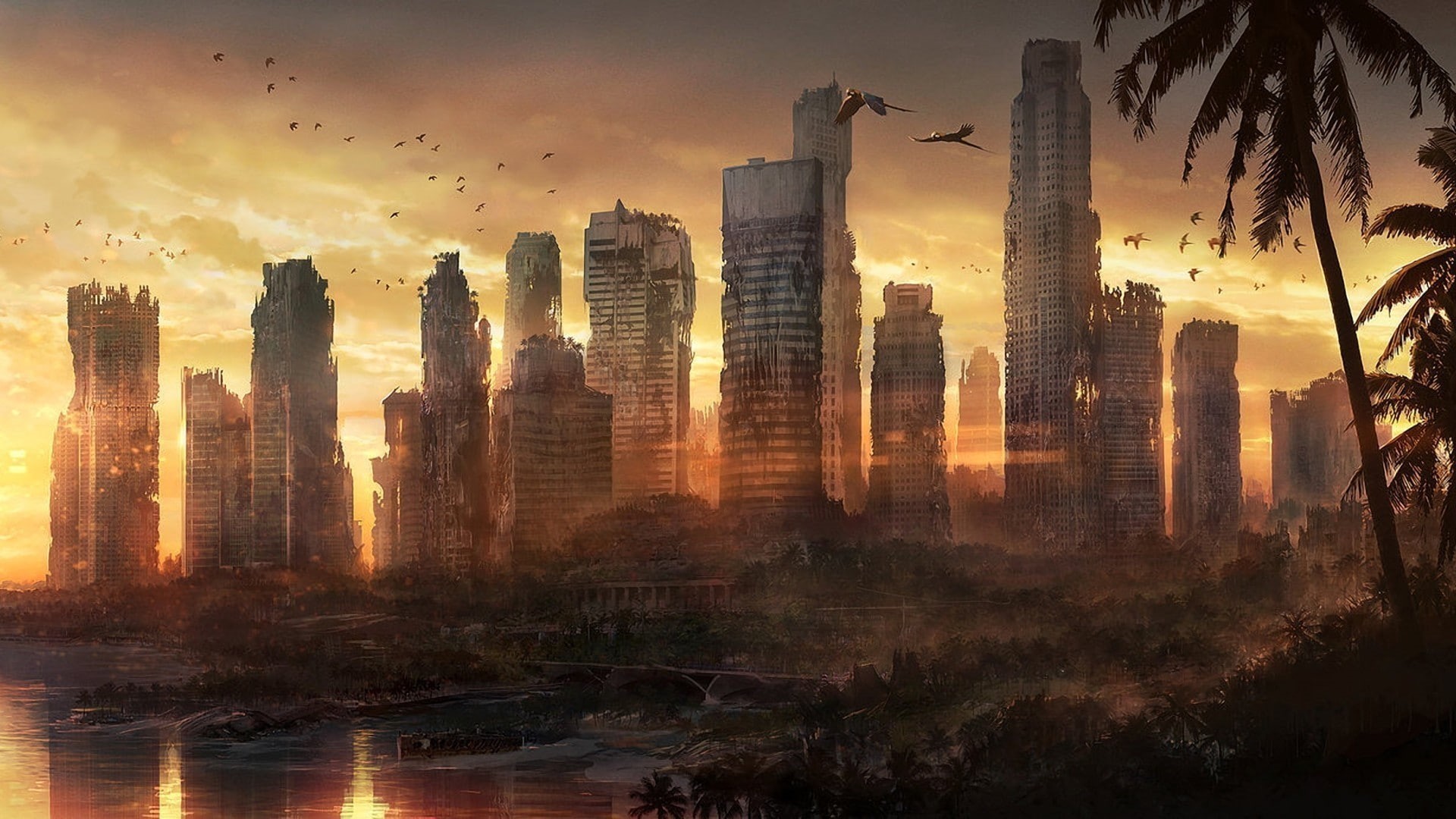 1080P, apocalyptic, forest, dead city, cityscape, ruin, abandoned, sunset, city, HD Wallpaper