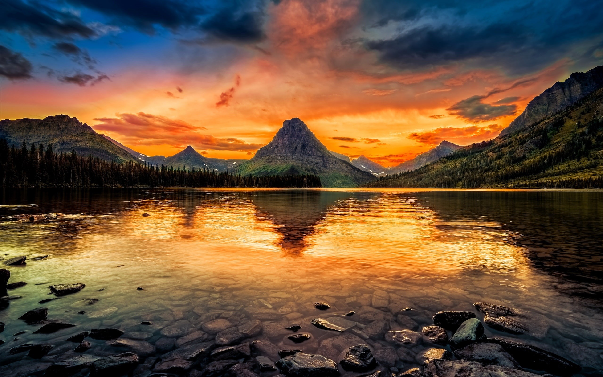 Two, Mountains, Sunset, Medicine, Park, Clear, National, Water, USA, Glacier, 2K, Lake, HD Wallpaper