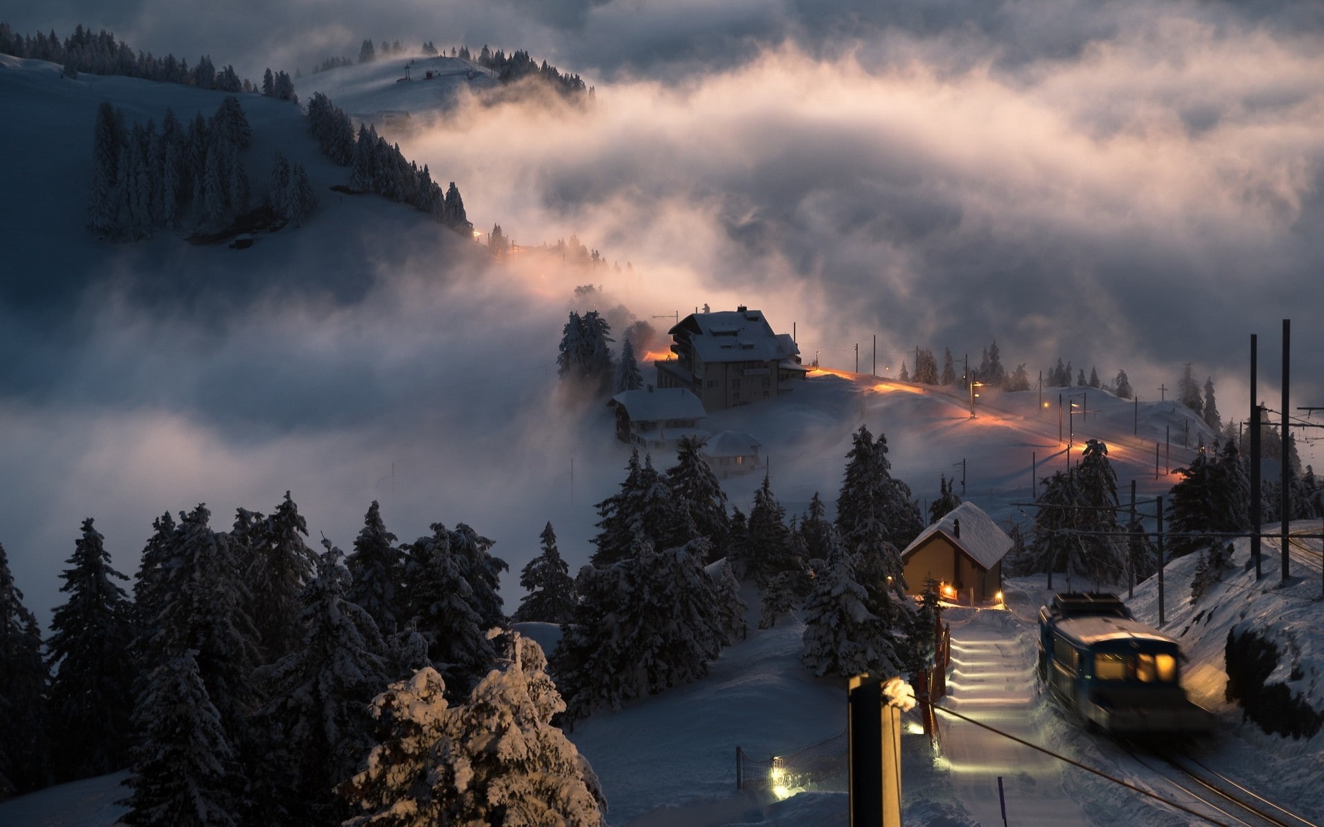 sunset, train, hill, mist, trees, switzerland, winter, village, nature, snow, 1080P, landscape, HD Wallpaper