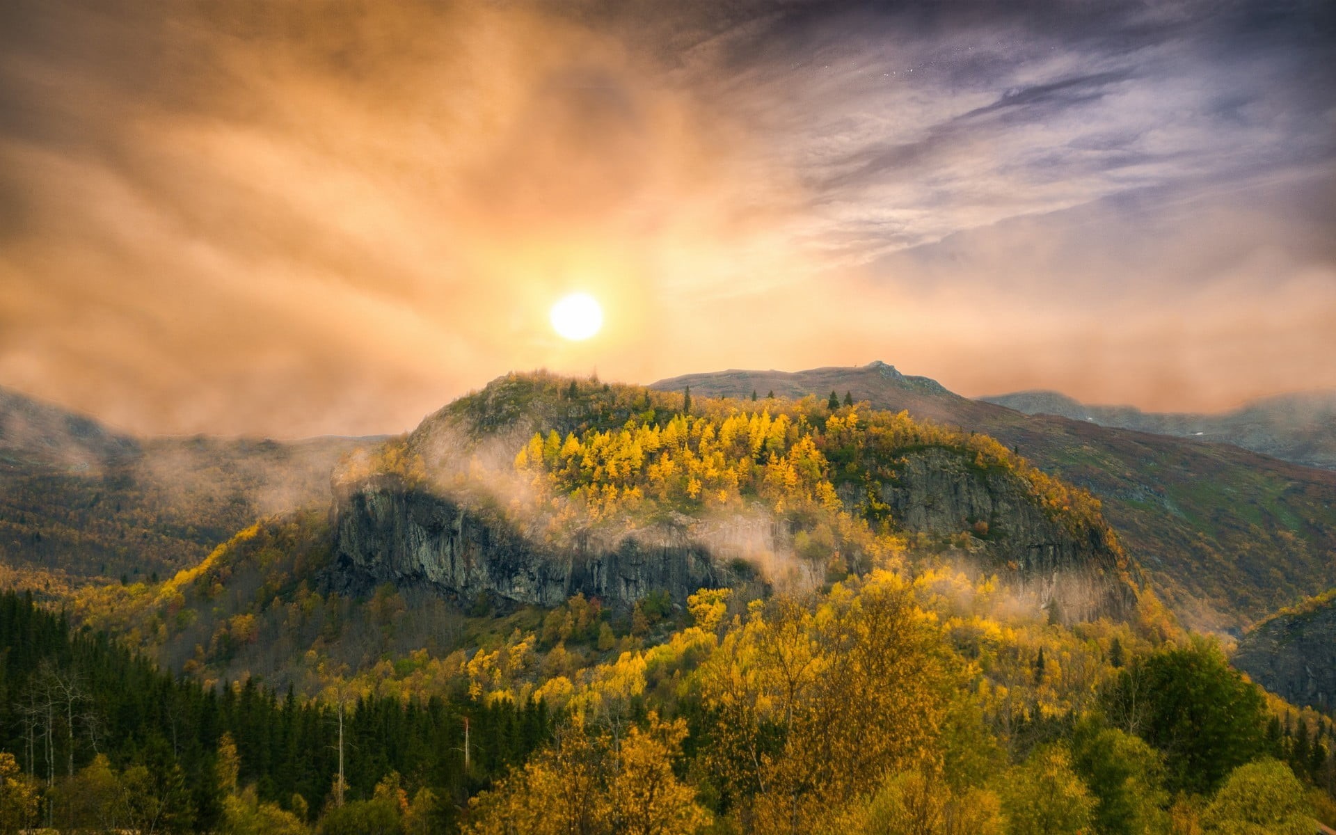 photo, landscape, tree, outdoors, mountains, sky, mountain range, majestic, orange color, no people, forest, sunset, tranquility, idyllic, non-urban scene, HD Wallpaper