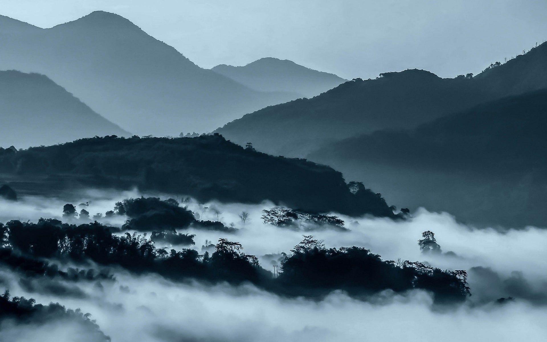 nature, environment, sunset, plant, cloud - sky, beauty in nature, sky, fog, mountain, silhouette, non-urban scene, Twilight, trees, idyllic, mountain range, HD Wallpaper