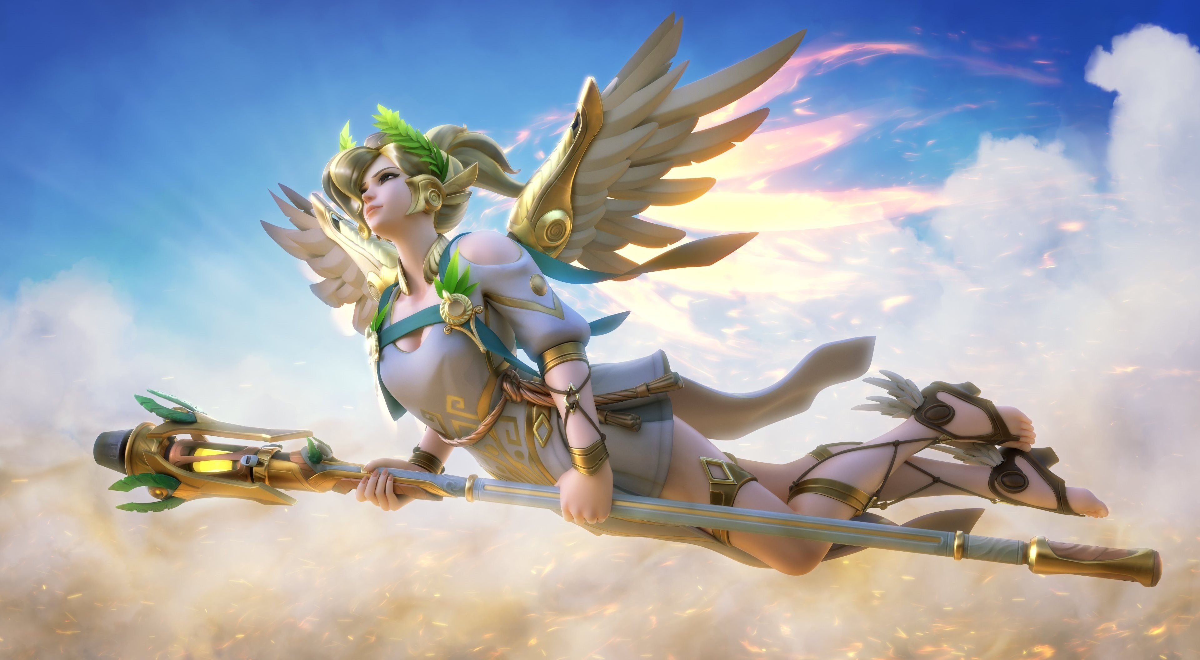 weapon, tesnhi, sky, wings, Mercy, cloud, girl, pretty, bishojo, 4K, angel, seifuku, kumo, power, powerful, game, blonde, Overwatch, HD Wallpaper