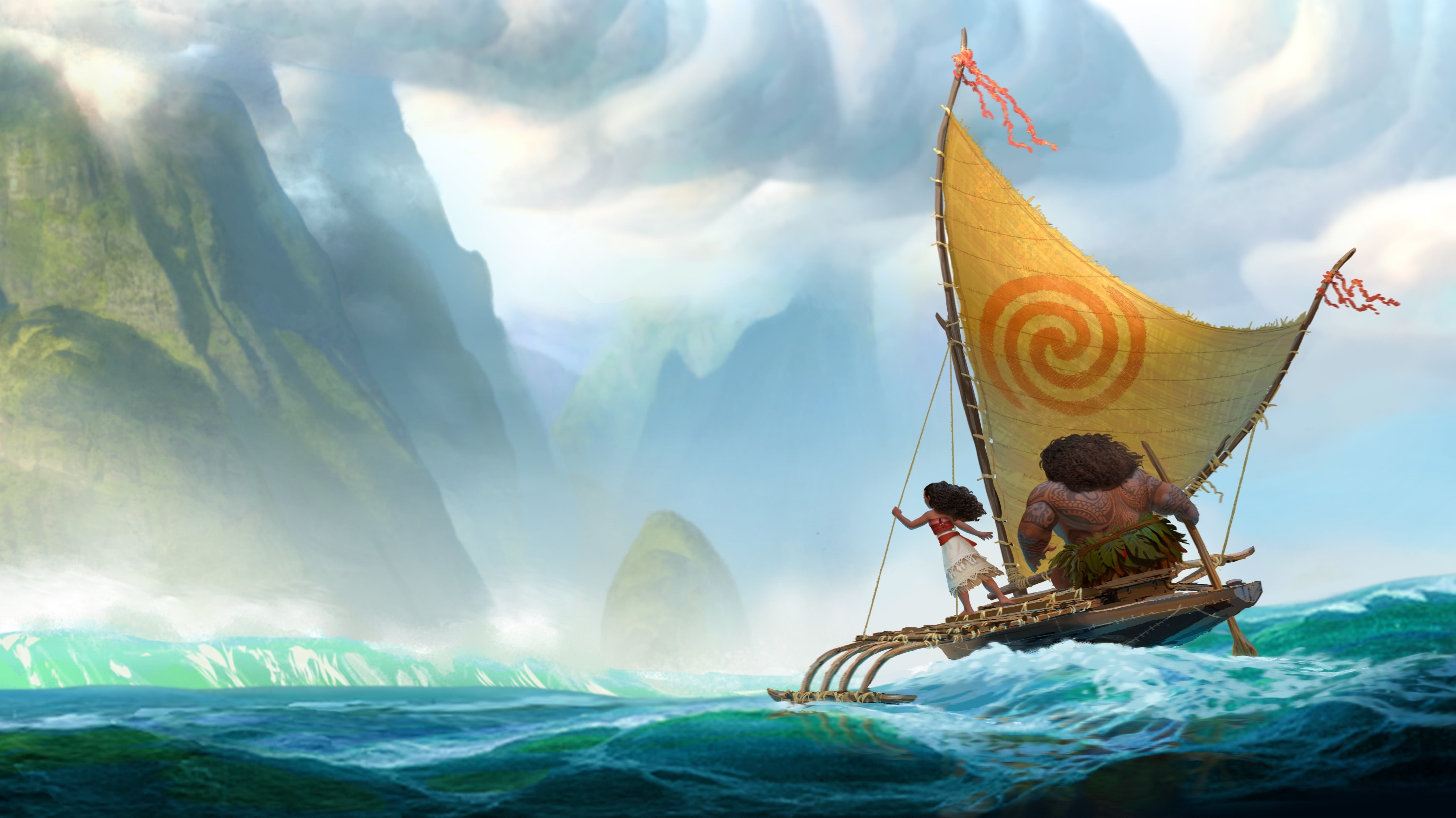 Walt Disney Pictures, Aulii Cravalho, montain, 4k, film, official, Disney, movie, Moana, sky, Maui, Dwayne Johnson, sea, hero, hd, adventure, comedy, god, HD Wallpaper