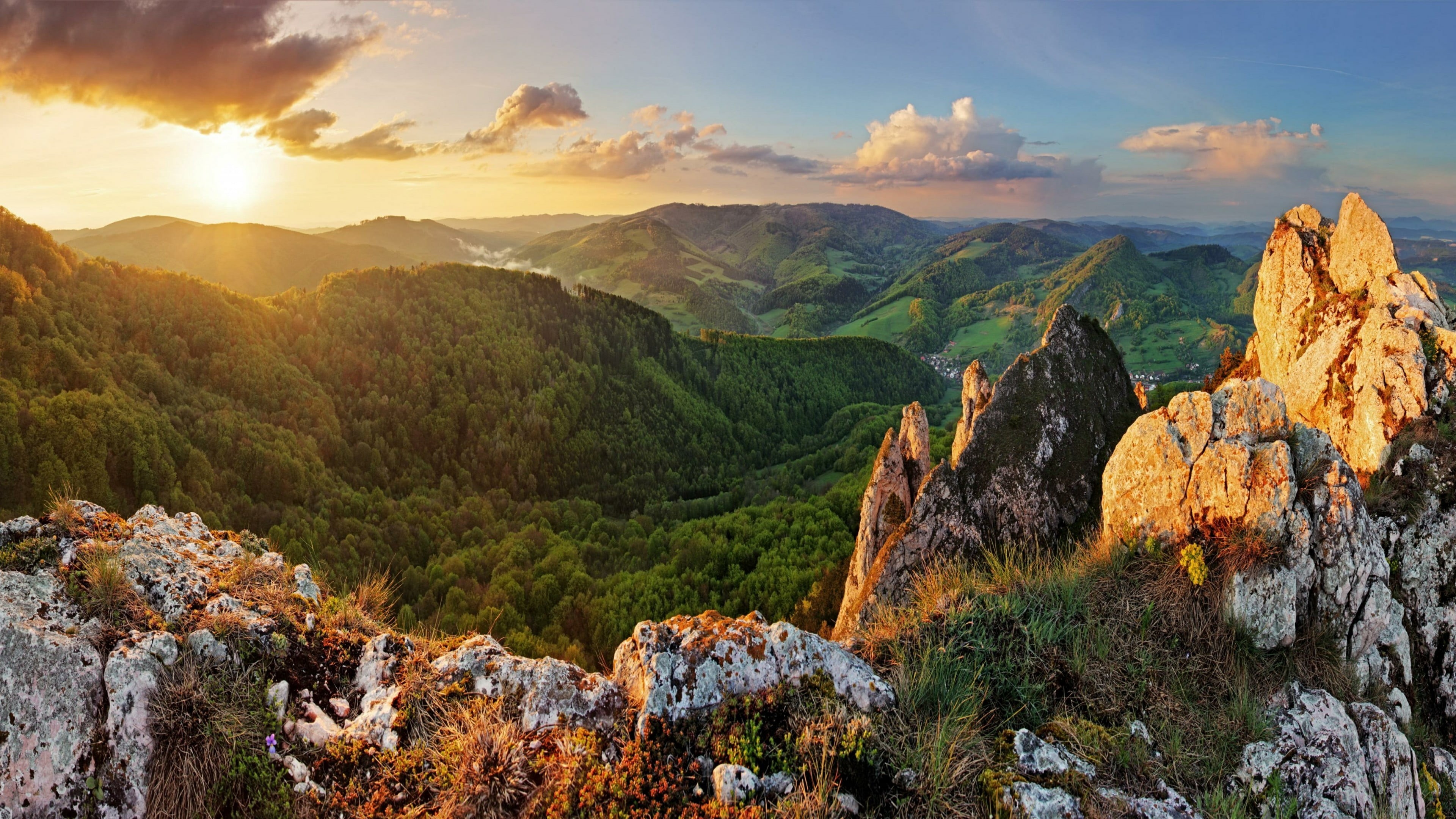 slovakia, view, carpathians, tranquil scene, sunset, plant, ridge, fatra, non-urban scene, cloud - sky, no people, scenics - nature, sun, rock, 4K, beauty in nature, HD Wallpaper