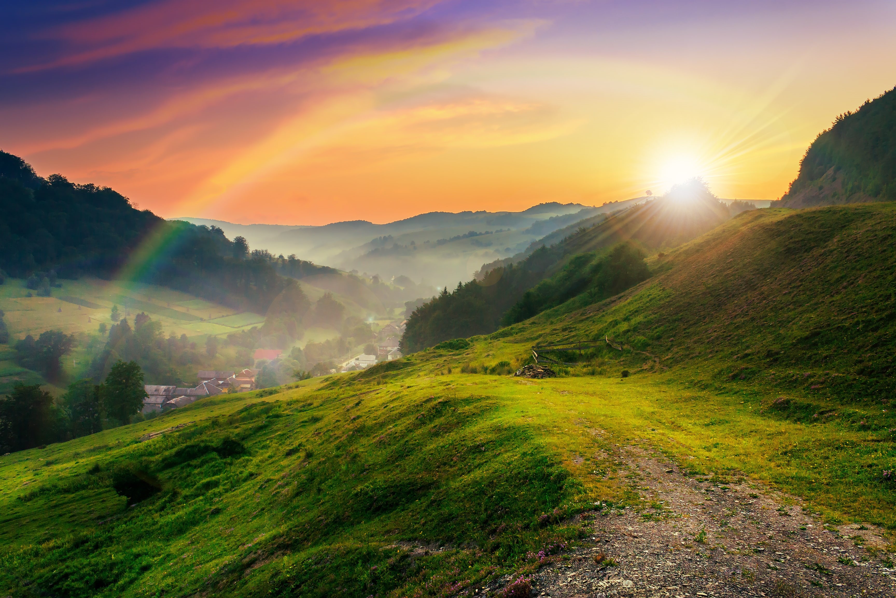 poster, landscape, tranquility, lawn, the suns rays, blue, tranquil Scene, morning, hill, scenics - nature, tree, china - East Asia, springtime, scenics, HD Wallpaper