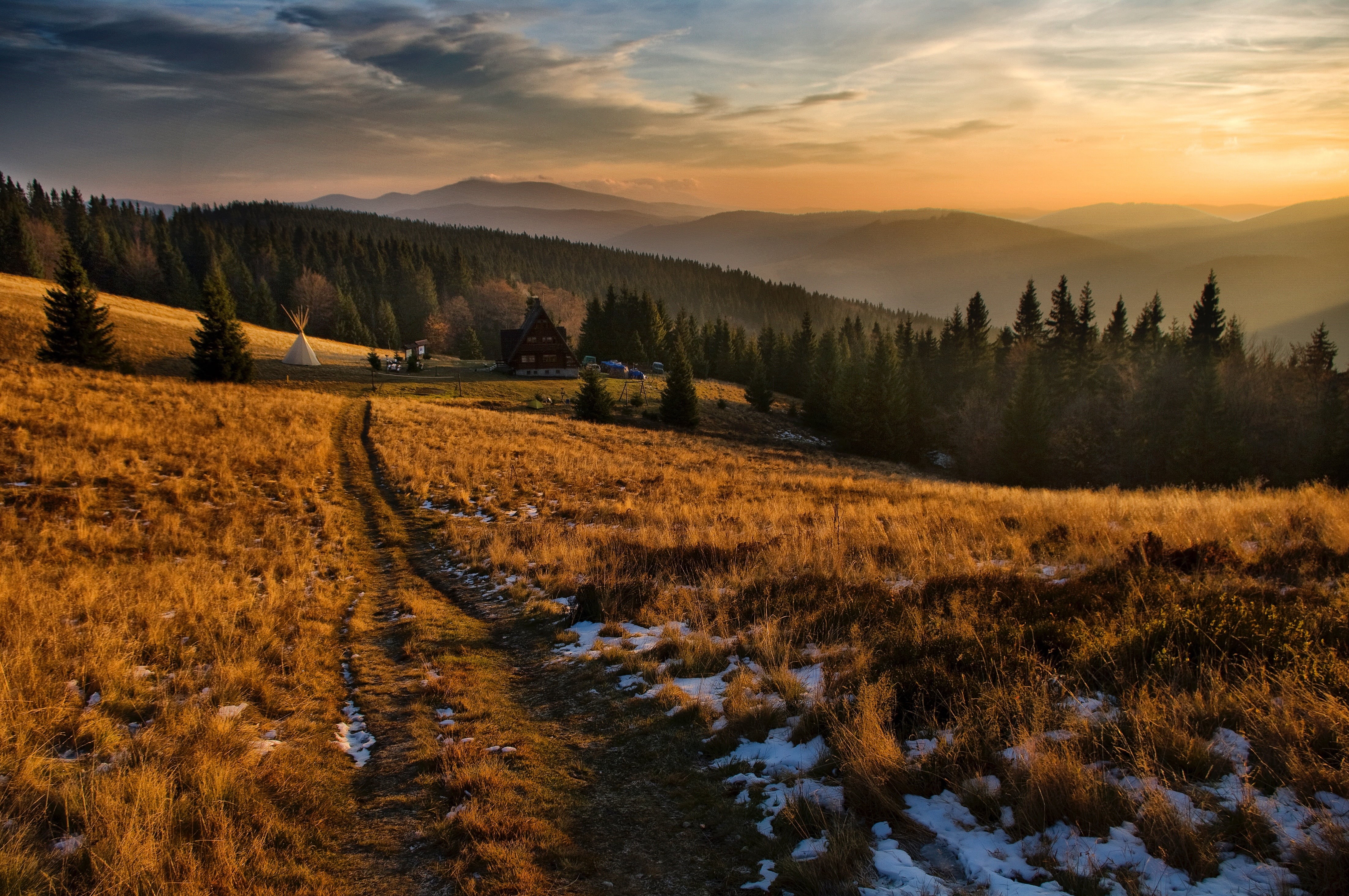 yellow, tranquil Scene, sky, scenics, autumn, fog, hill, tranquility, woodland, panoramic, idyllic, europe, summer, travel, dawn, sunrise - Dawn, morning, HD Wallpaper