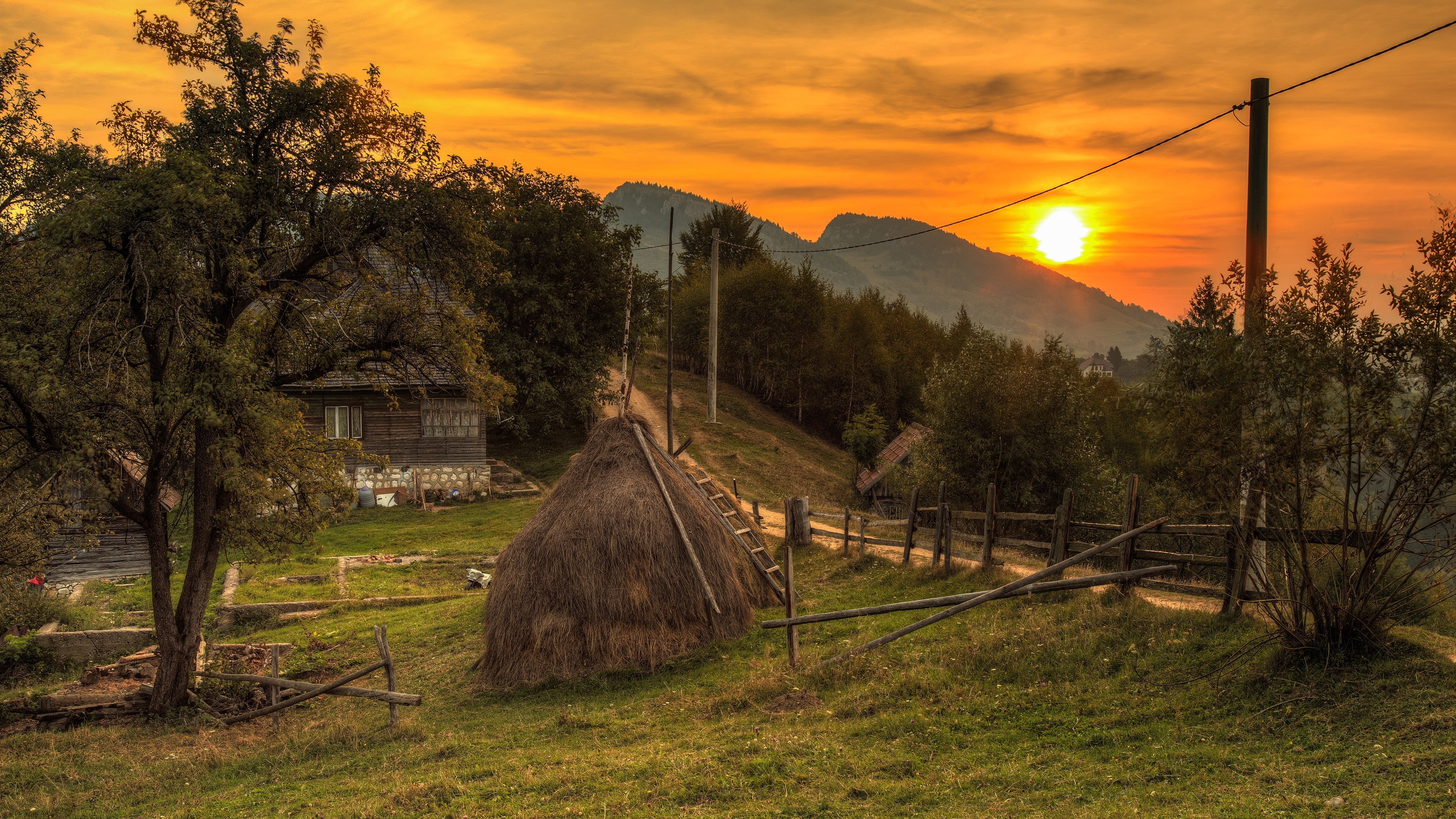 orange color, mountain range, mountain village, haystack, carpathian mountain range, tranquility, evening, transylvania, field, sunset, plant, scenics - nature, HD Wallpaper