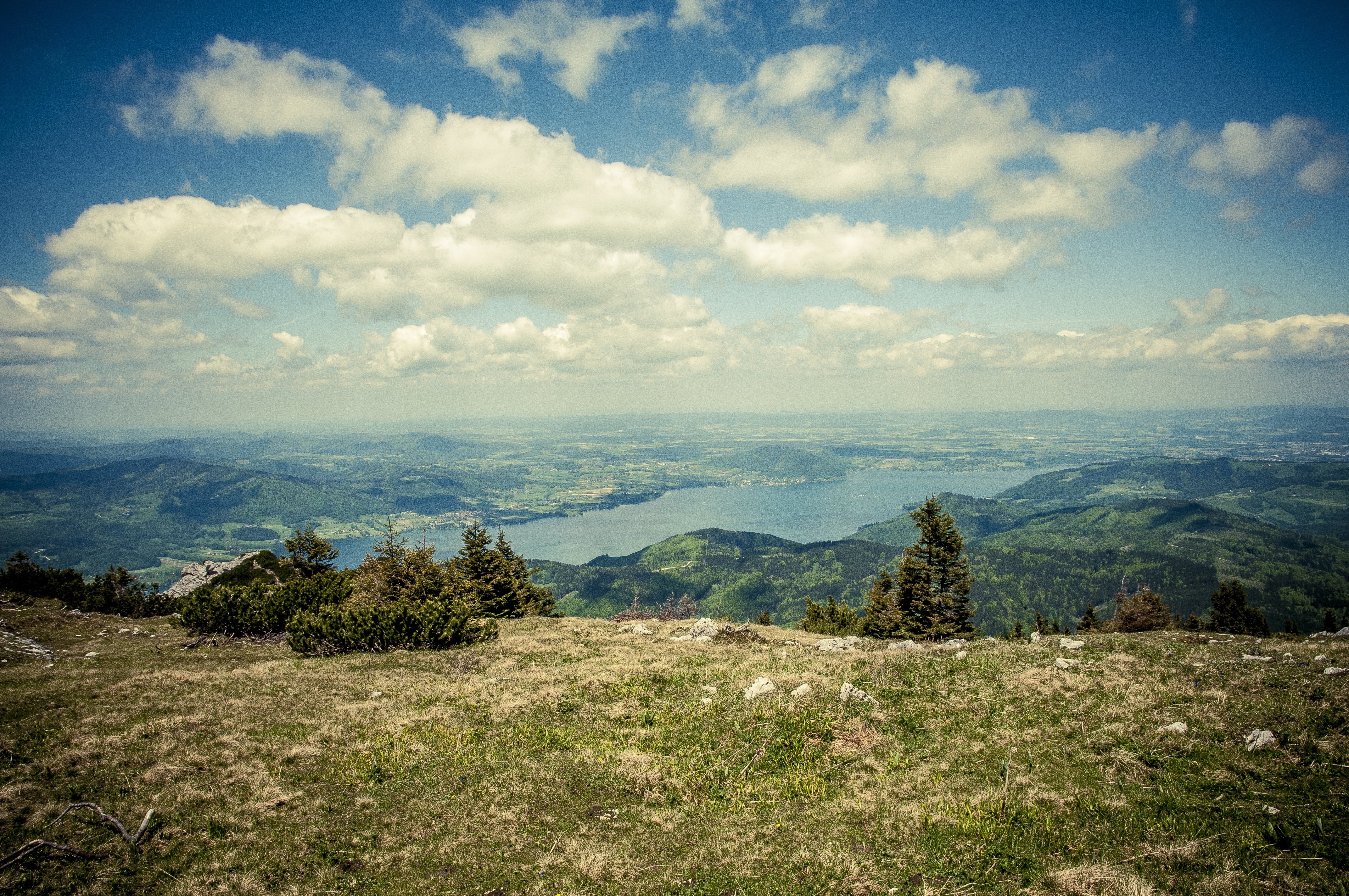 blue, idyllic, springtime, no People, rock - Object, day, grass, cloudscape, austria, environment, summer, sun, tranquil scene, lake, plant, green Color, HD Wallpaper