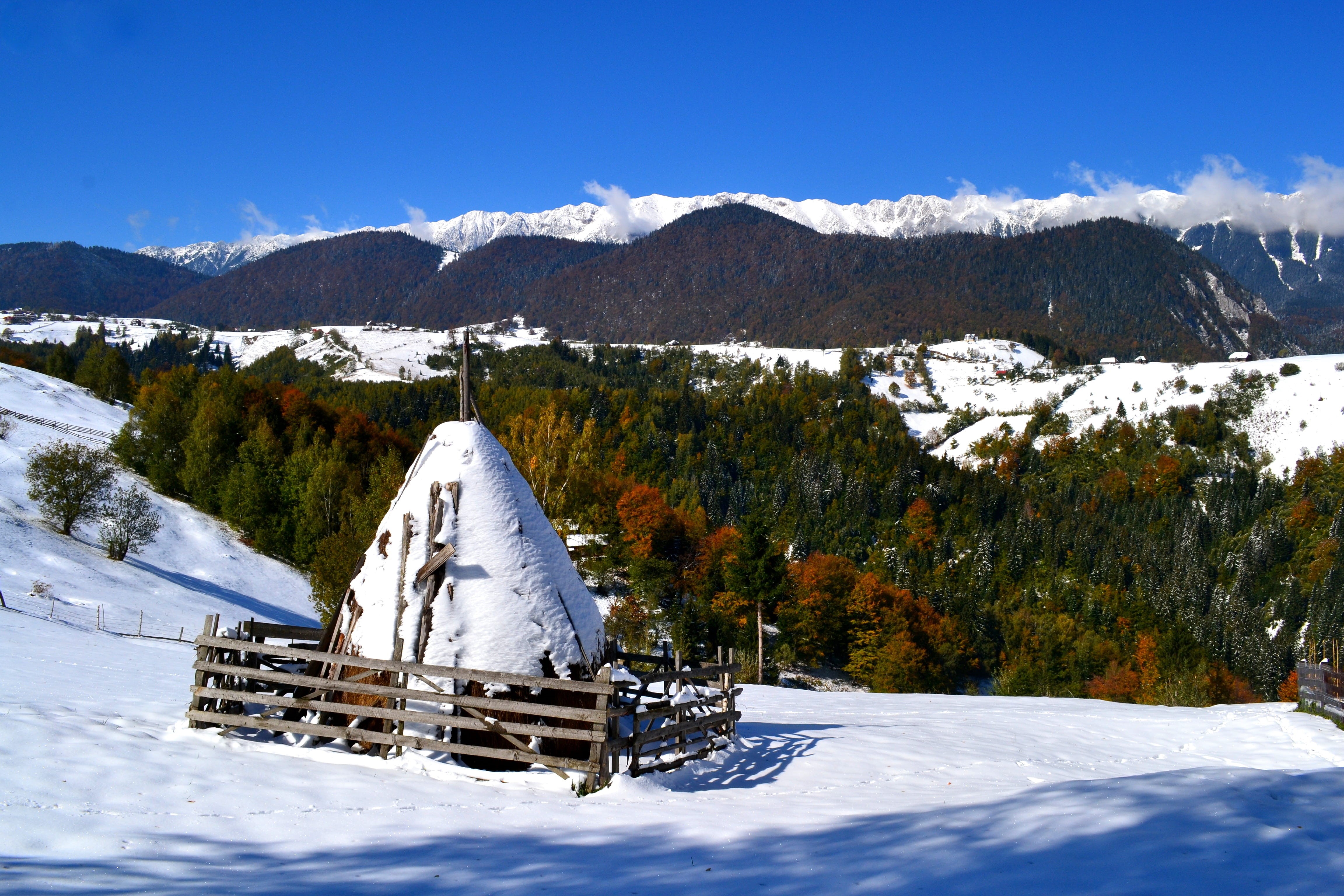 carpathians, 4K, outdoors, architecture, mountain range, winter, Landscape, scenics - nature, snowcapped mountain, no people, day, moeciu, sky, built structure, HD Wallpaper