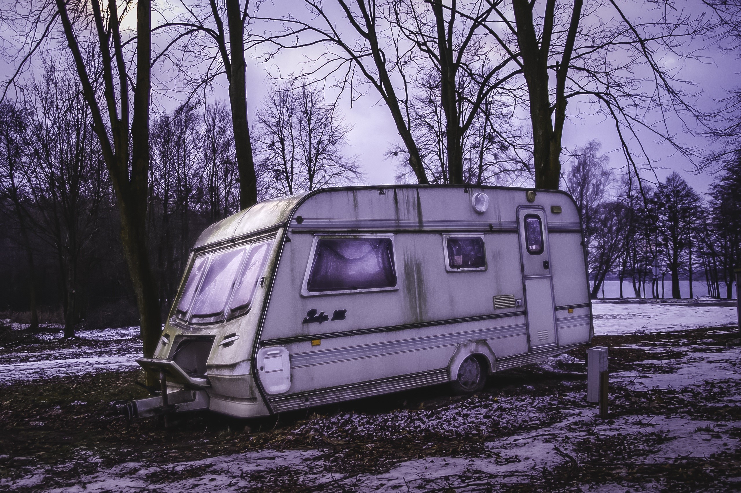 abandoned, treee, field, lifestyle, land, gray, campsite, bare tree, mode of transportation, snow, tourism, stationary, transport, near, motor vehicle, HD Wallpaper