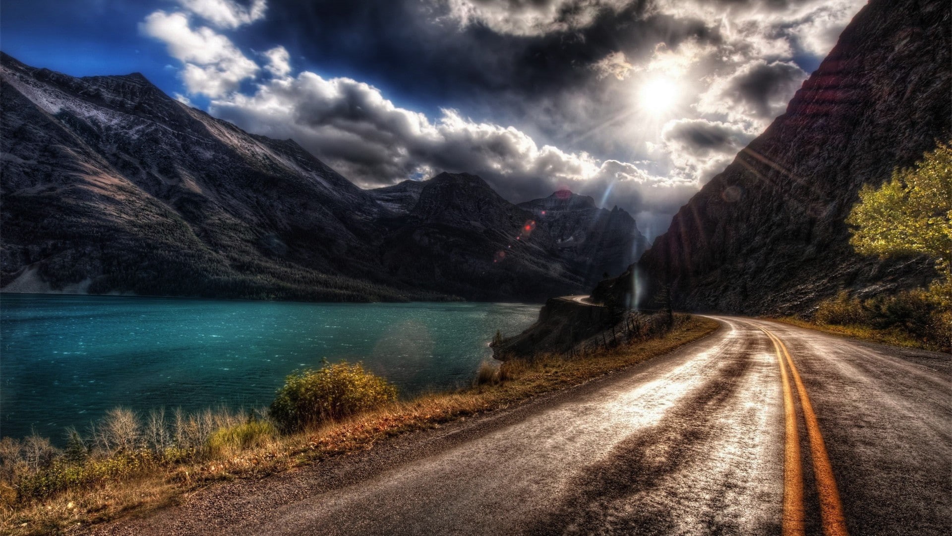 mountain, beauty in nature, no people, the way forward, 1080P, landscape, tranquility, direction, tranquil scene, transportation, road, water, scenics - nature, HD Wallpaper
