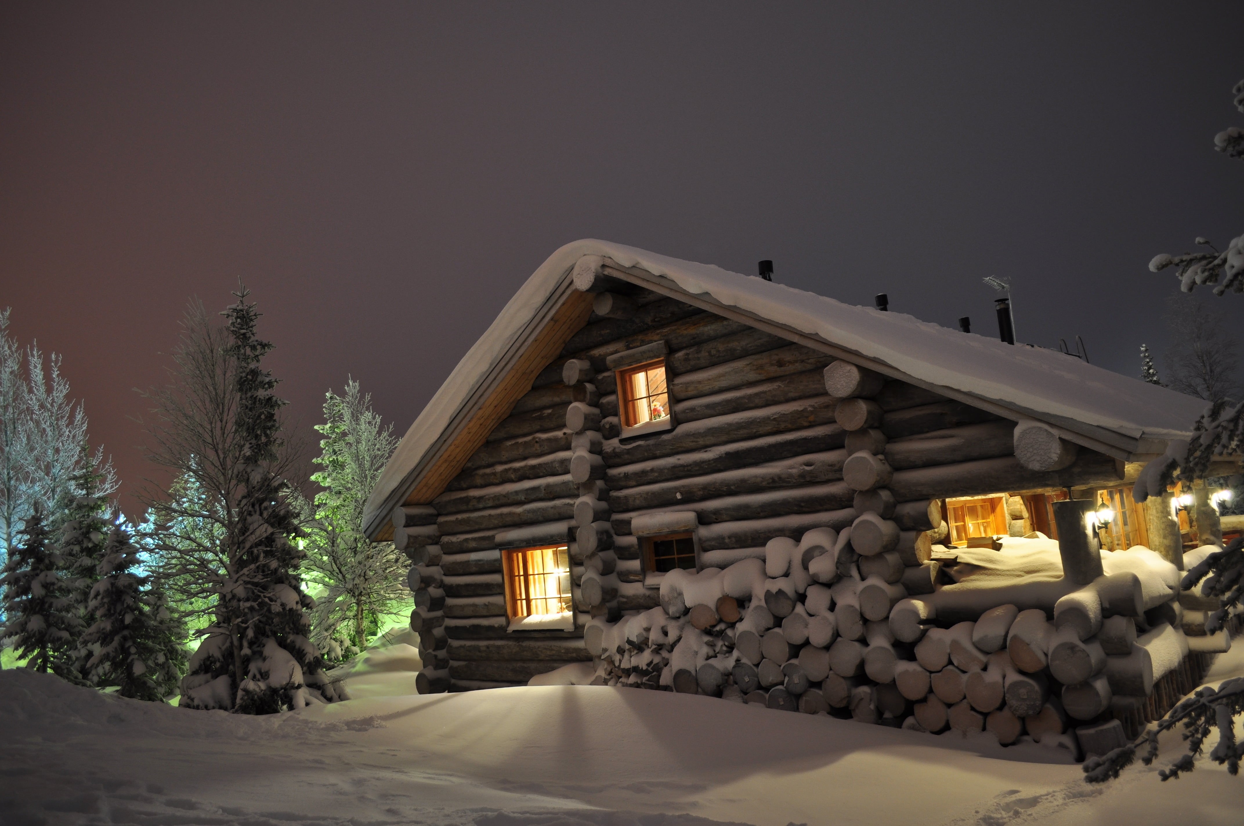 illuminated, sky, building, forest, house, season, non-Urban Scene, dark, building exterior, chalet, cottage, cold - Temperature, cold temperature, outdoors, HD Wallpaper