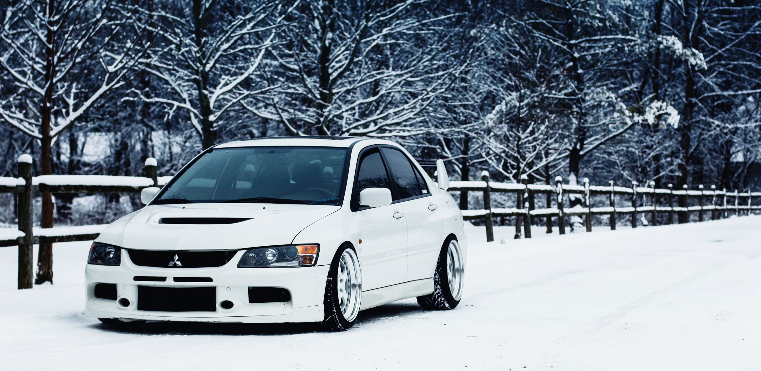 evo, weather, nature, non-Urban Scene, frozen, wheel, snowing, day, sedan, cold temperature, white color, white, snowdrift, covering, Lancer, outdoors, HD Wallpaper