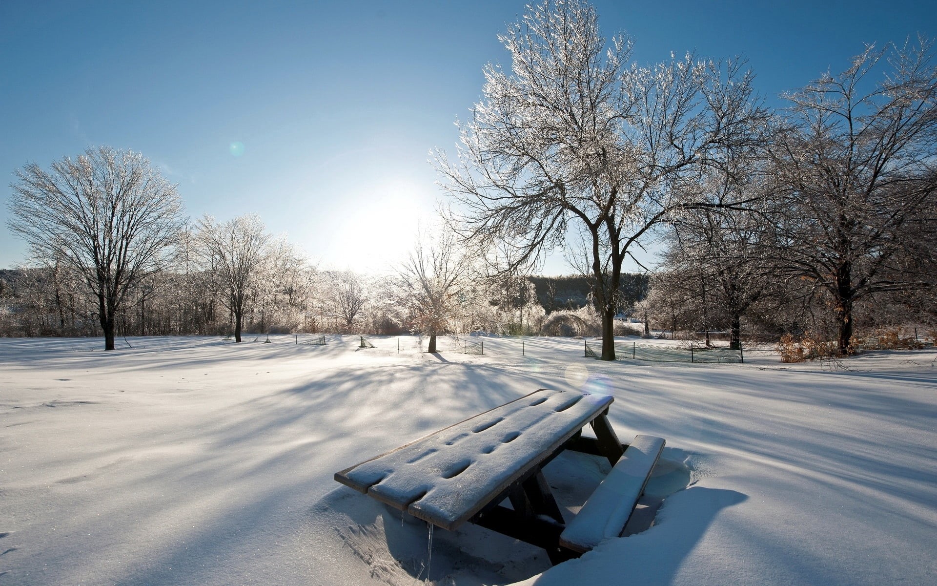 brown, rural Scene, urban Scene, landscape, table, day, bench, cover, ice, sky, forest, season, picnic, light, scenics, sun, blue, weather, sunlight, snowdrifts, HD Wallpaper