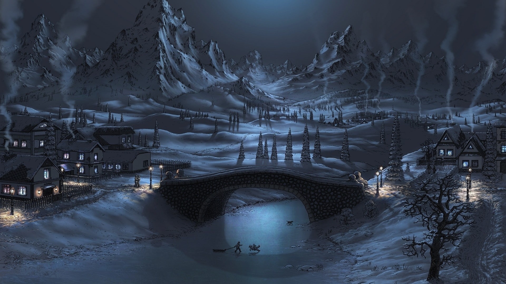 digital/artwork, winter, hd, 1080P, snow, mountains, town, HD Wallpaper