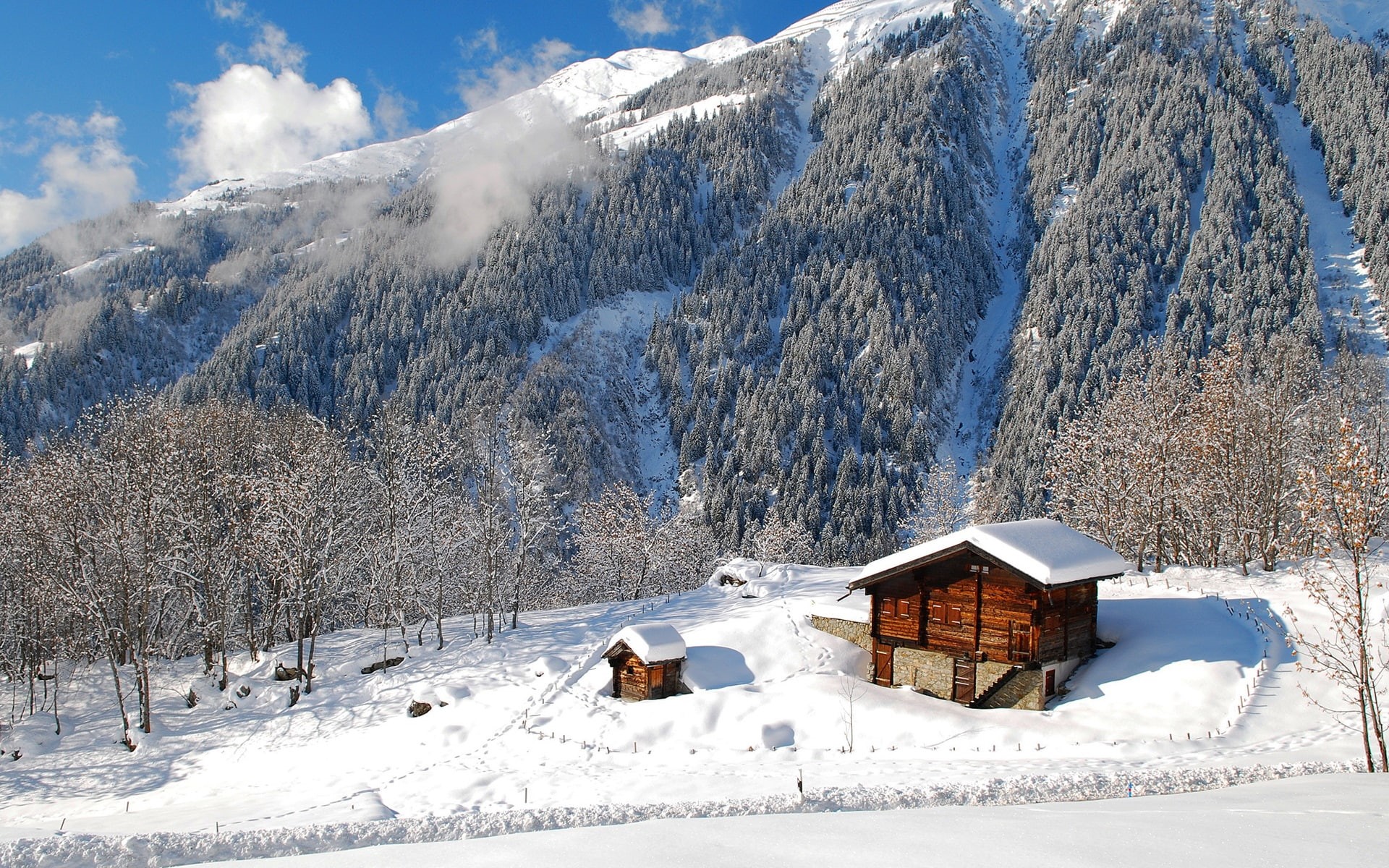 Houses, Mountains, Landscape, 1080P, Nature, Winter, Snow, Forest, Trees, HD Wallpaper