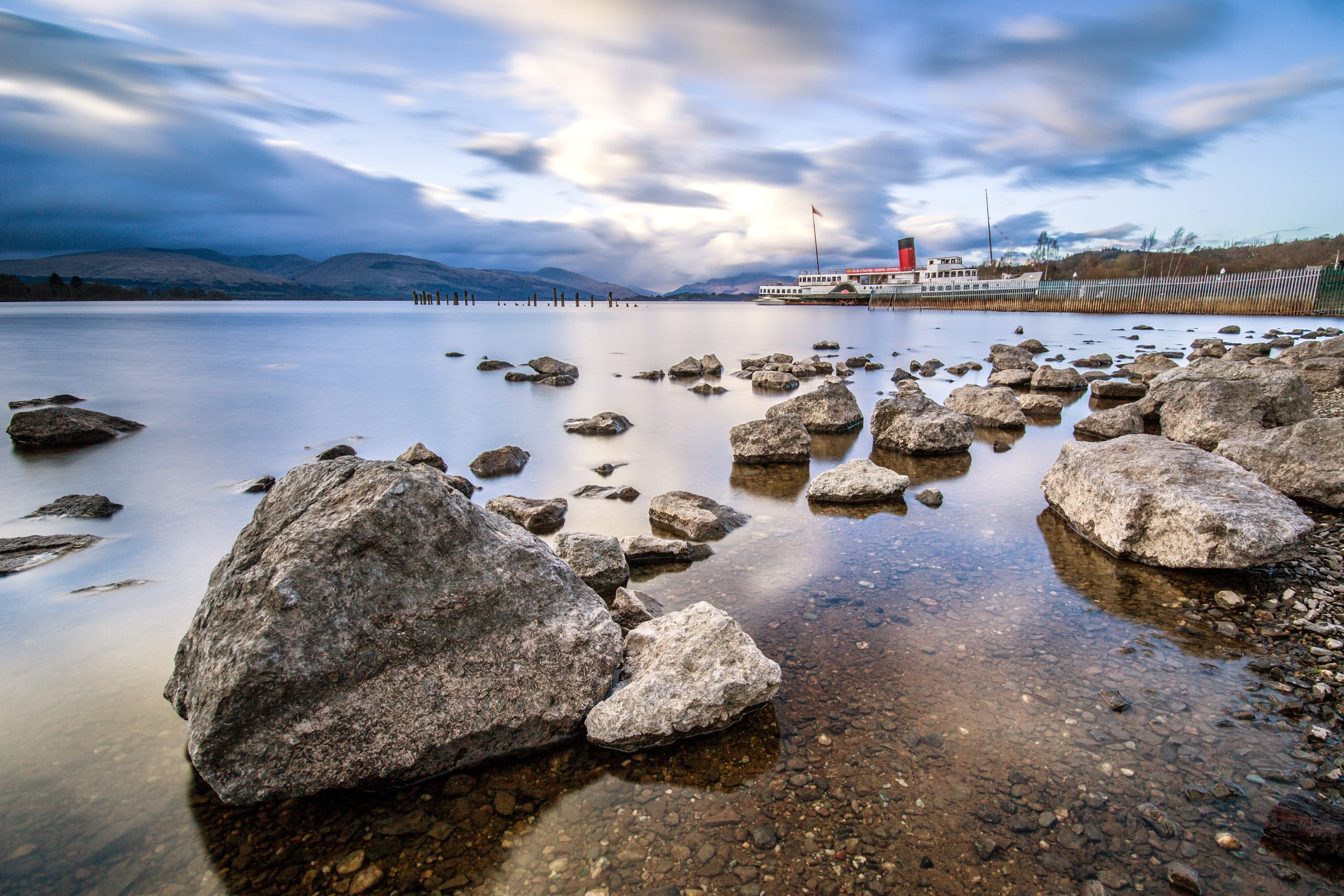 rock, solid, reflection, paddle, steamer, maid of the loch, tranquil scene, outdoor, landscape, 4K, outdoors, beauty in nature, day, water, pollution, HD Wallpaper