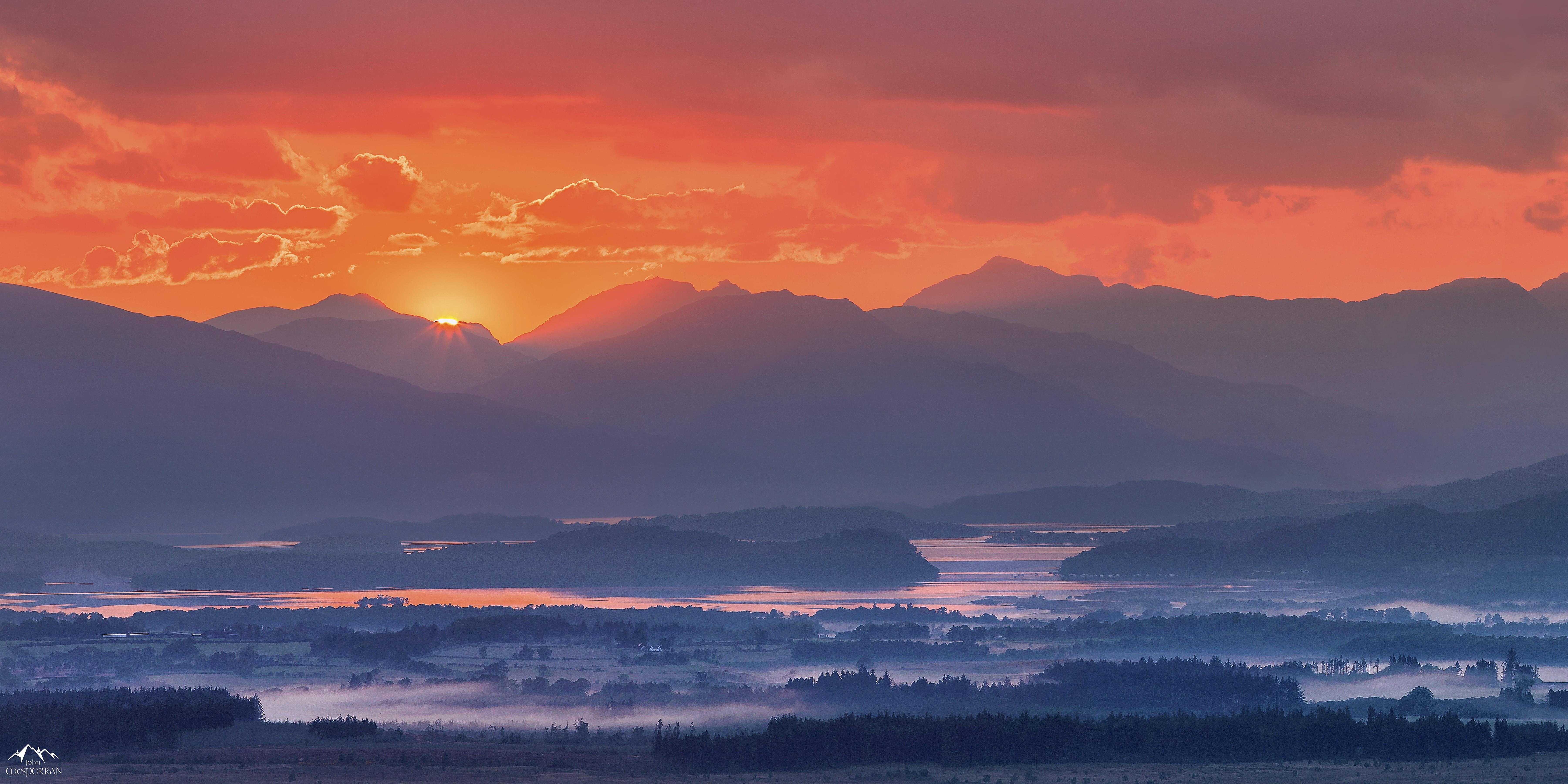 fog, tranquil scene, mountain range, scenics - nature, dramatic sky, scotland, outdoors, 5K, no people, sunset, loch lomond, nature, environment, cloud - sky, HD Wallpaper