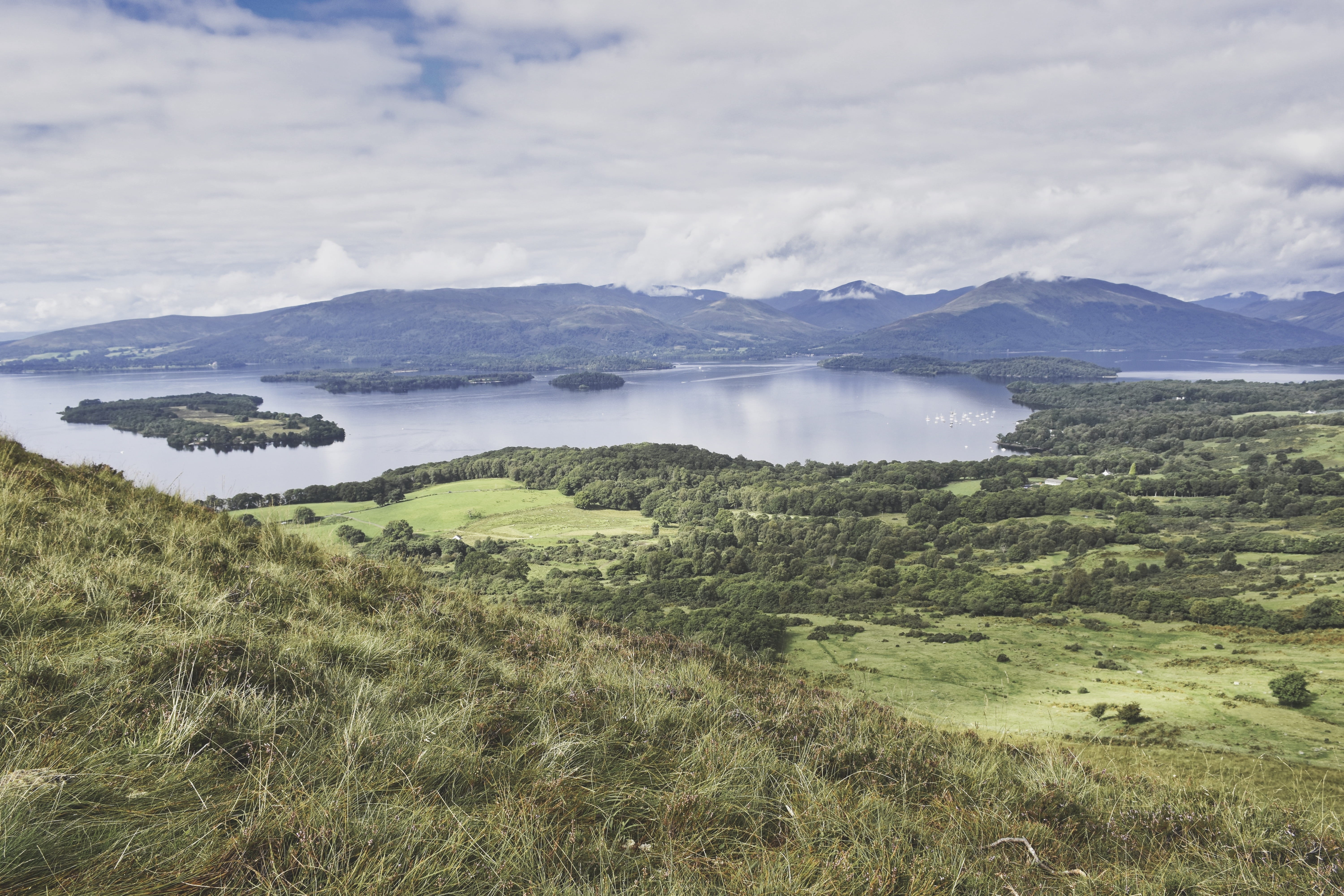 plateau, green, 5K, views, land, tranquil scene, shoreline, hill, no people, tranquility, slope, cloud - sky, day, environment, weather, scotland, countryside, HD Wallpaper