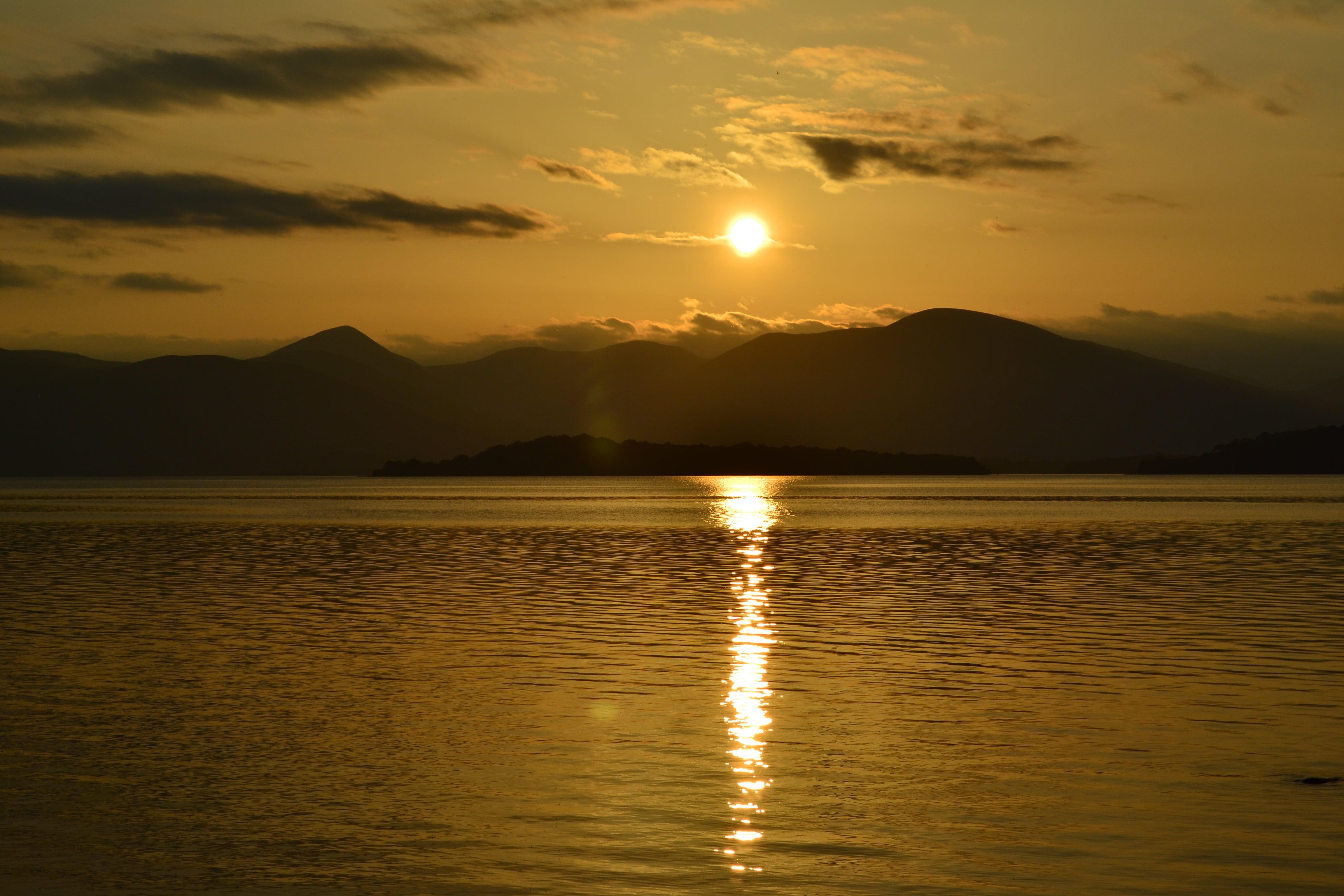sunset, sunny, orange color, summer, mountain range, reflection, no people, clouds, orange, beauty in nature, tranquility, idyllic, waterfront, outdoors, HD Wallpaper