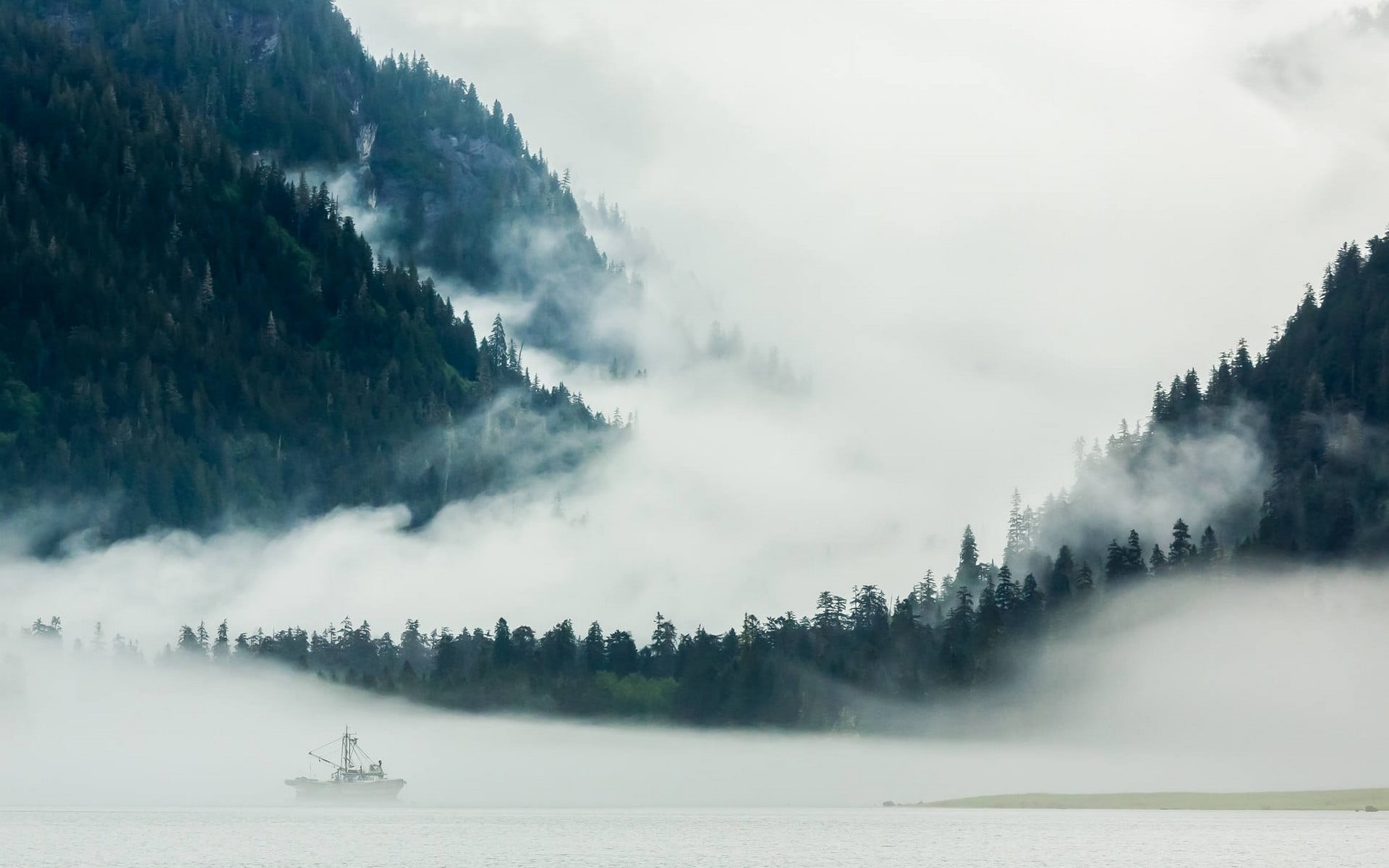 cloud - sky, plant, no people, water, tree, transportation, waterfront, mode of transportation, landscape, passenger craft, tranquil scene, mist, sailboat, HD Wallpaper