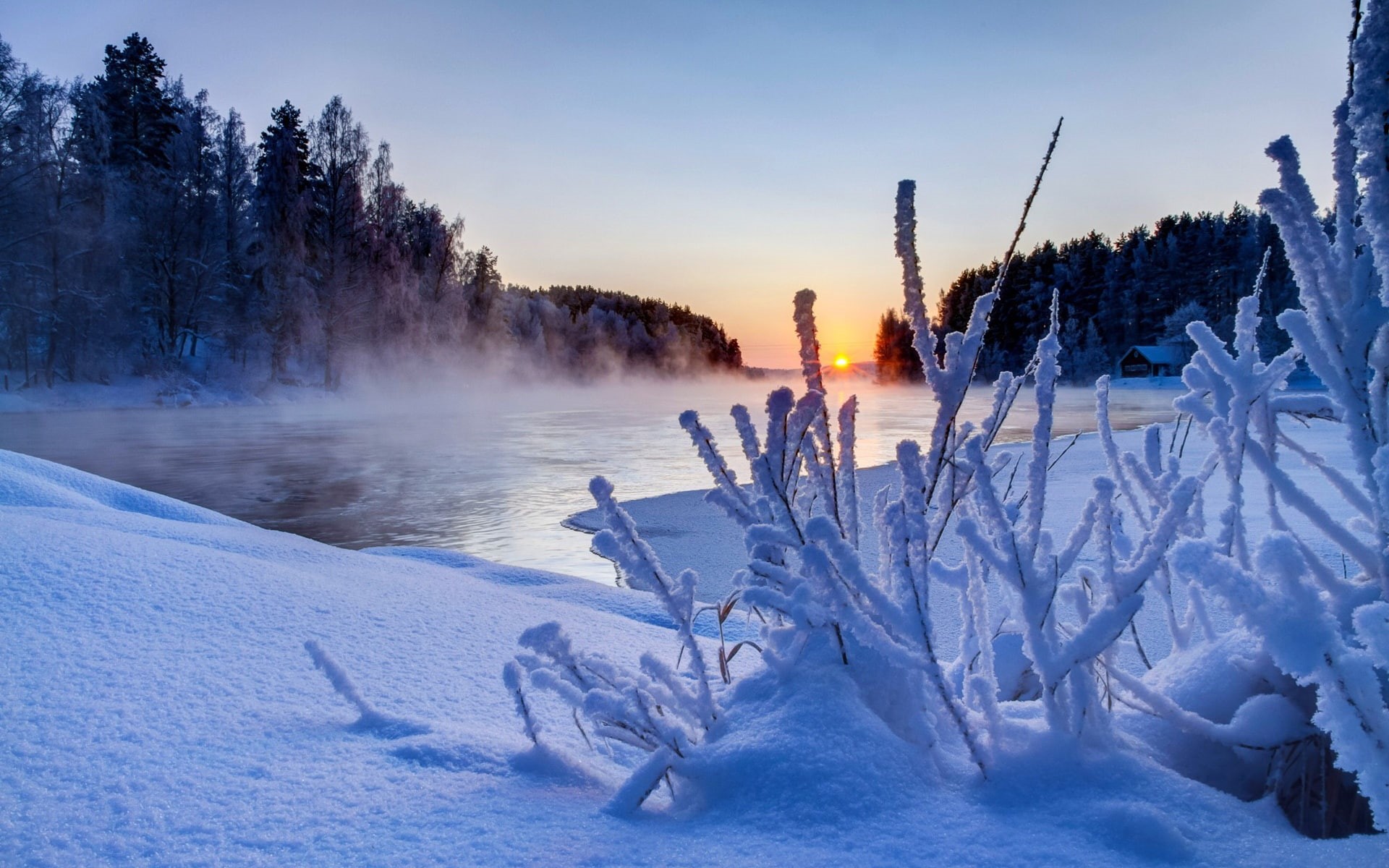 Sunset, River, Winter, 1080P, Ice, Nature, Snow, Sky, Trees, HD Wallpaper