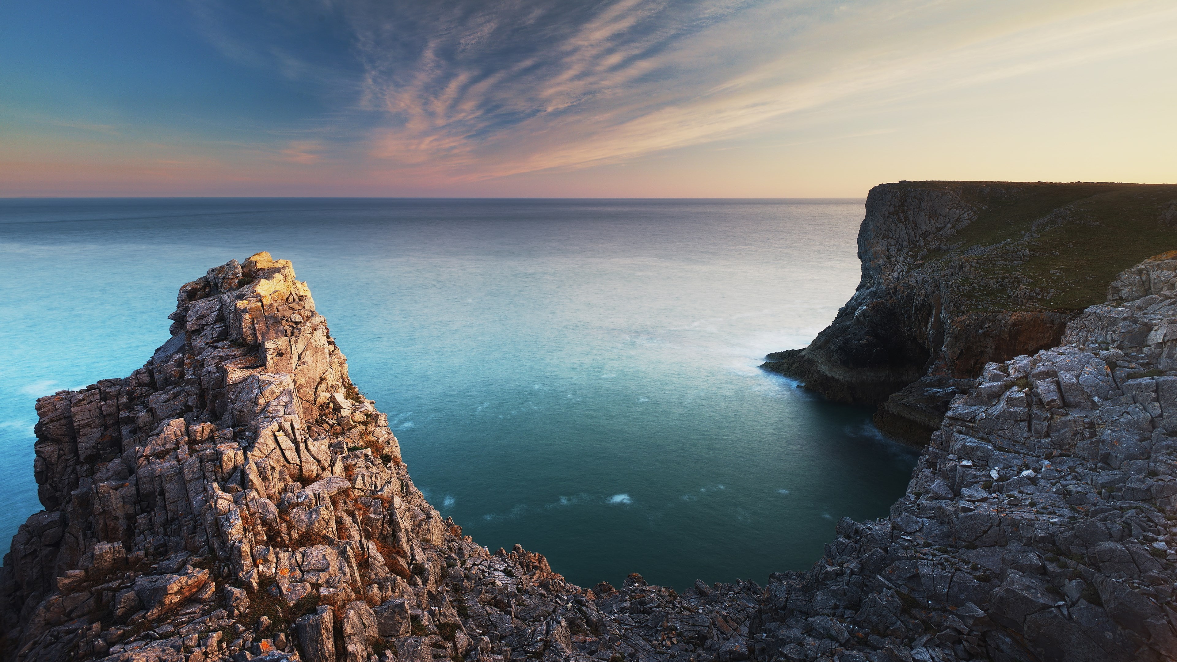 water, rocky coastline, horizon, cloud - sky, high resolution images of nature 3840x2160, scenics - nature, solid, eroded, rock formation, tranquil scene, HD Wallpaper