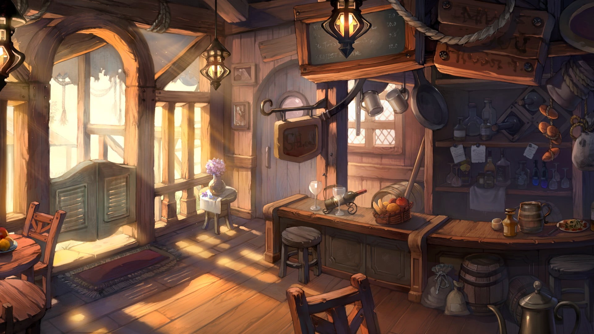 fruit, food, bar, wood, vase, cutlery, sunlight, sun rays, flowers, wooden surface, glass, baskets, chair, tavern, drawing, 1080P, HD Wallpaper