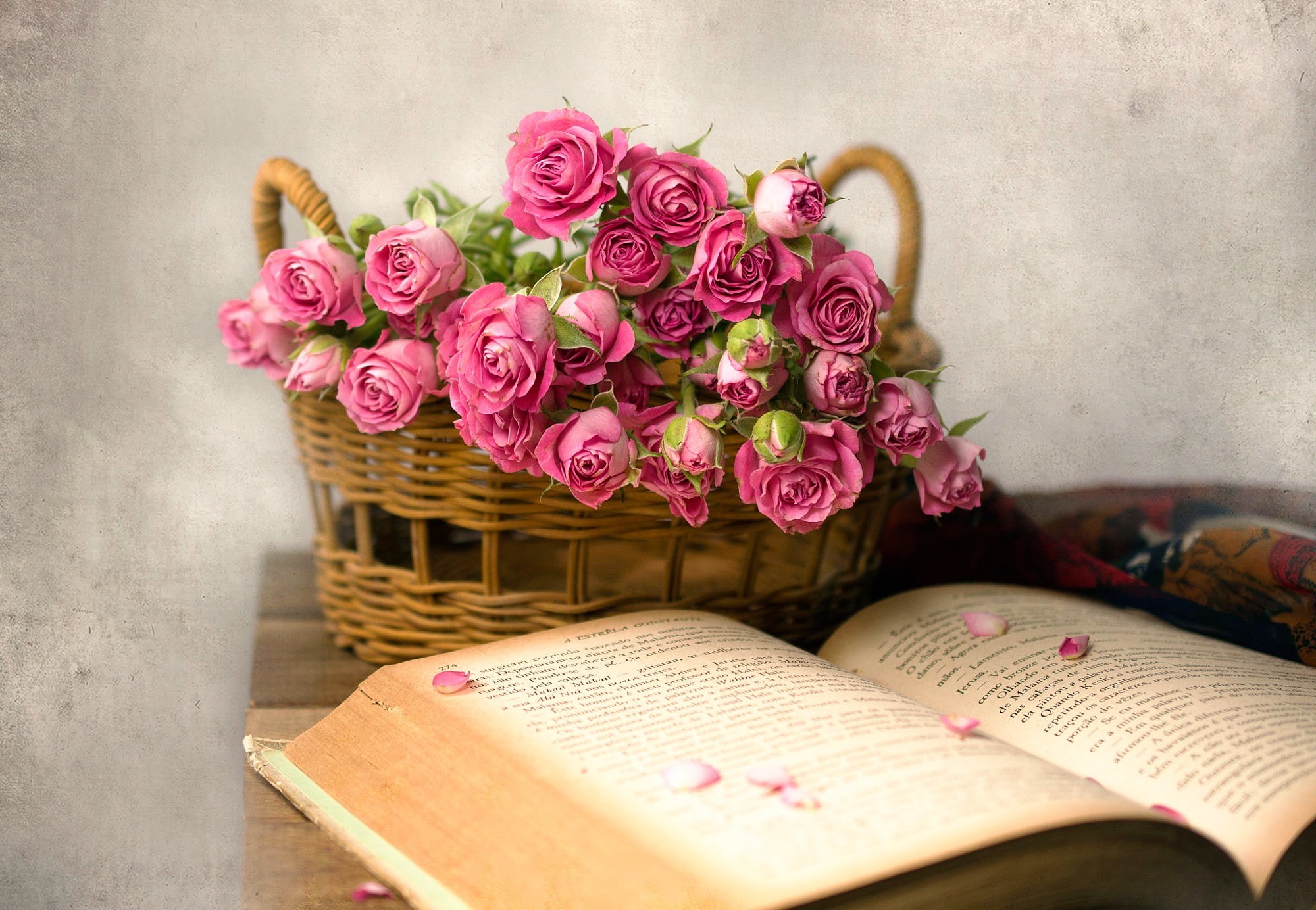 1080P, baskets, books, pink flowers, flowers, rose, HD Wallpaper