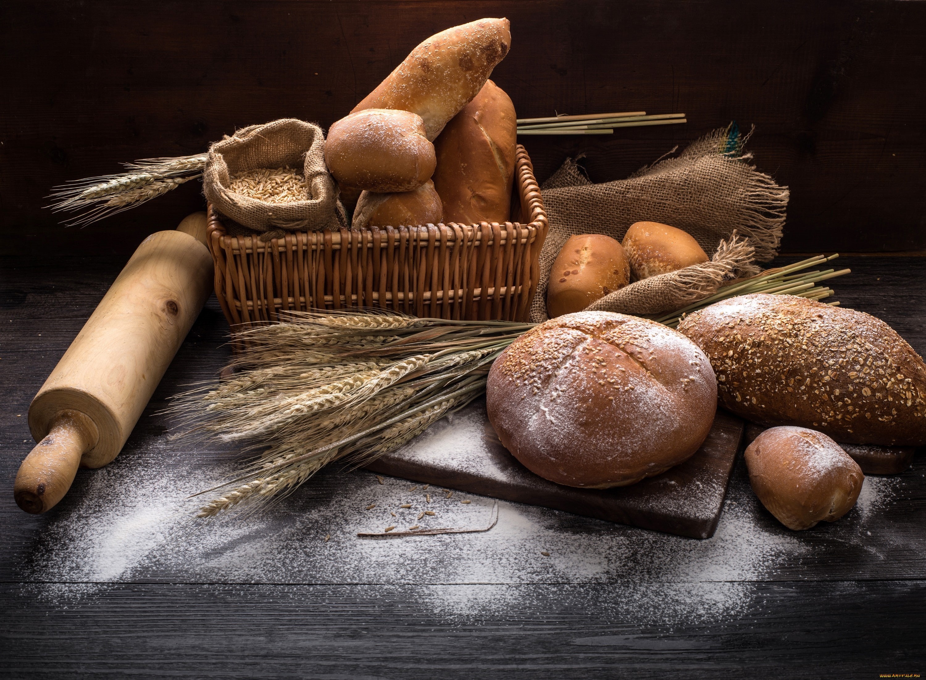 flour, wood - material, wellbeing, brown, indoors, wheat, studio shot, bread, jute, freshness, rustic, healthy eating, variation, 2K, container, black background, HD Wallpaper