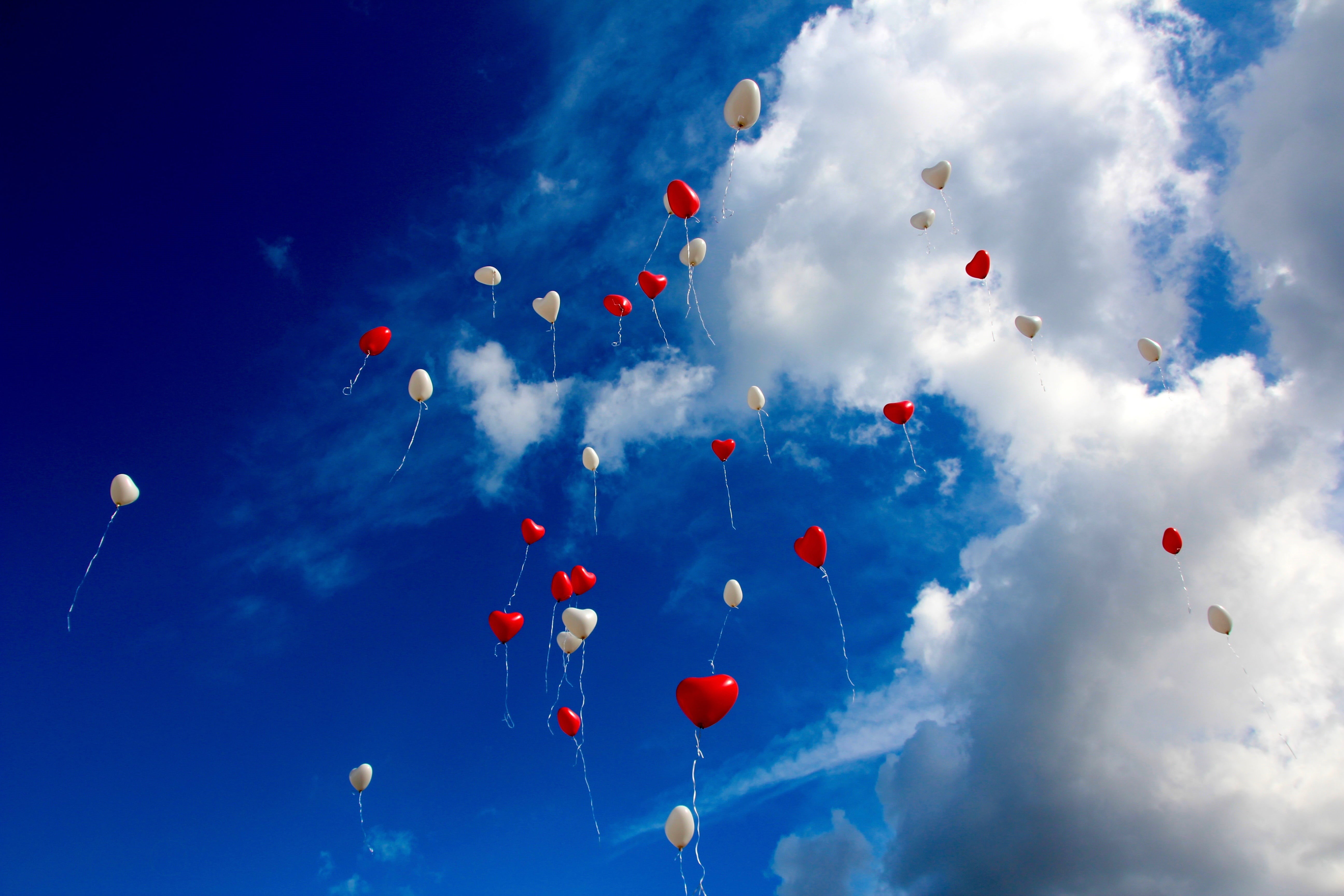 helium balloon, cloud - sky, celebration, nature, love, large group of objects, outdoors, balloons, flying, heart, freedom, multi colored, ballooning festival, HD Wallpaper