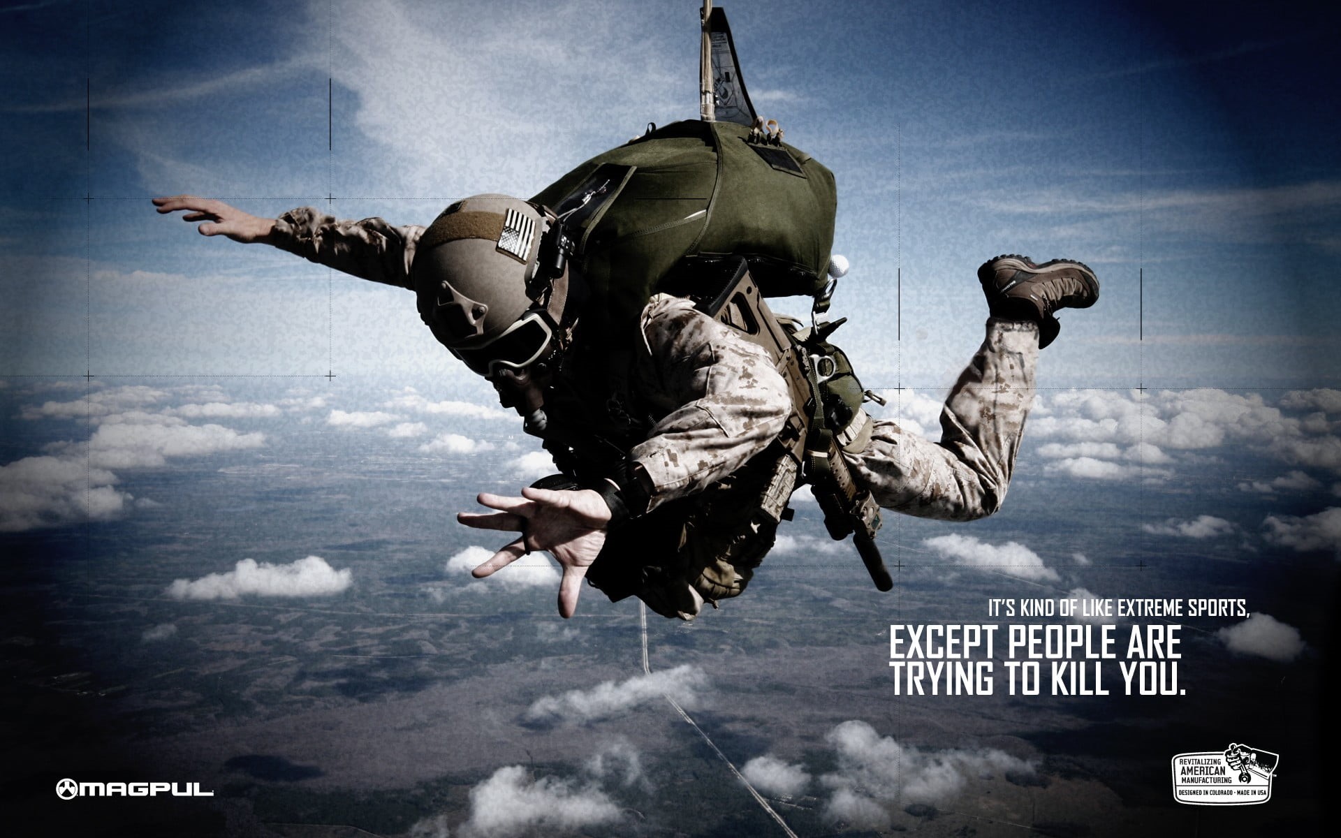 mid-air, skydiving, art and craft, city, magpul, advertisement, human representation, transportation, air vehicle, cloud - sky, aggression, quote, airborne, HD Wallpaper