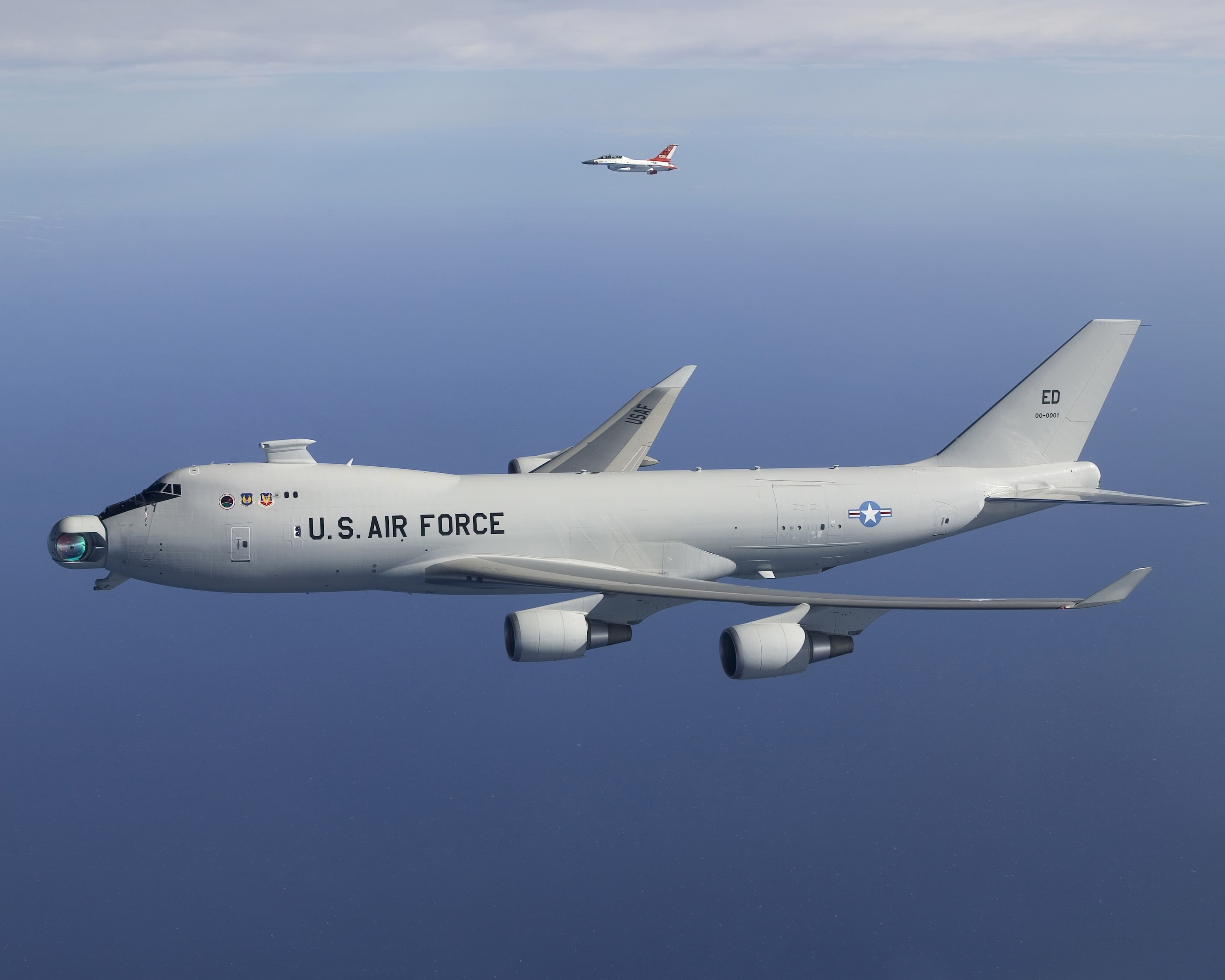 2K, Boeing 747, on the platform, the Edwards air force base, UNITED STATES AIR FORCE, liner, flight, clouds, the ocean, combat the airborne laser (ABL, HD Wallpaper