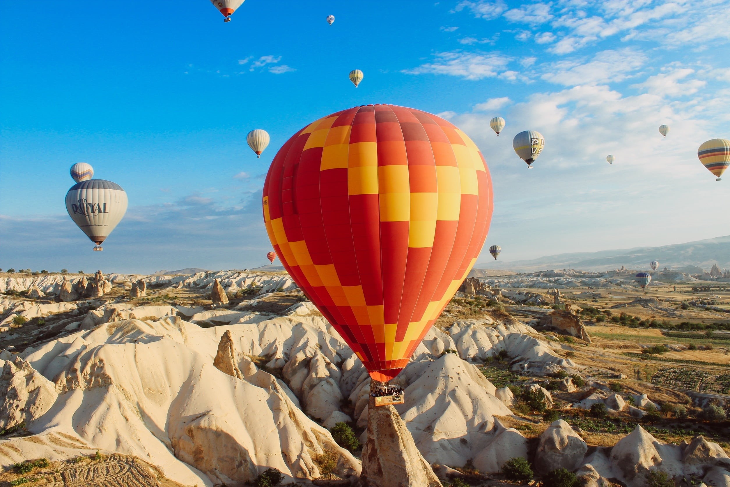 daytime, rocks, cappadocia, sky, transportation, travel destinations, 1080P, basket, tuff, anatolia, landscape, photo, tourism, outdoors, hot Air Balloon, HD Wallpaper