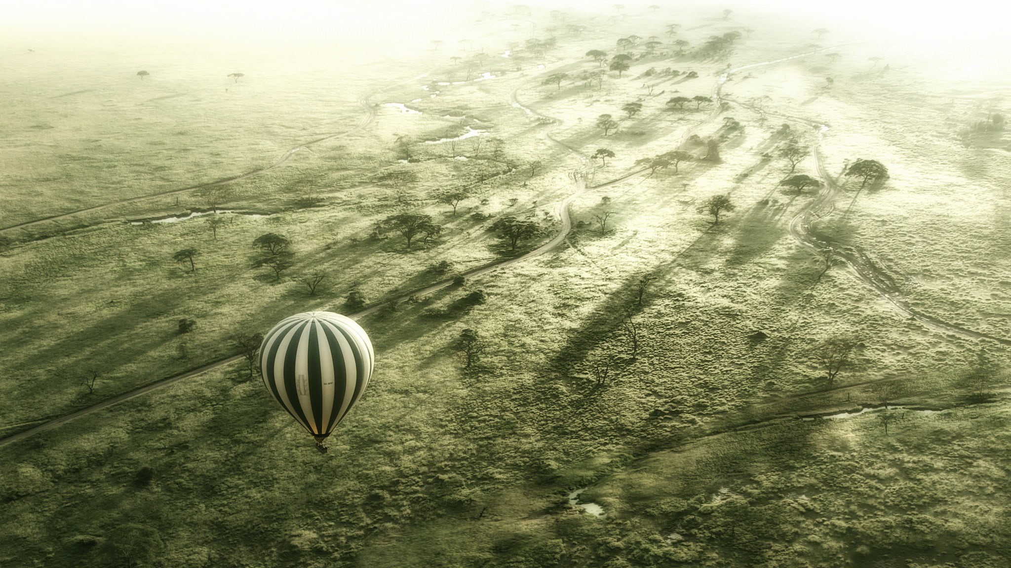 hot air balloon, black, white, air, air vehicle, balloon, mid-air, no people, transportation, 1080P, hot, sunlight, day, high angle view, land, adventure, HD Wallpaper