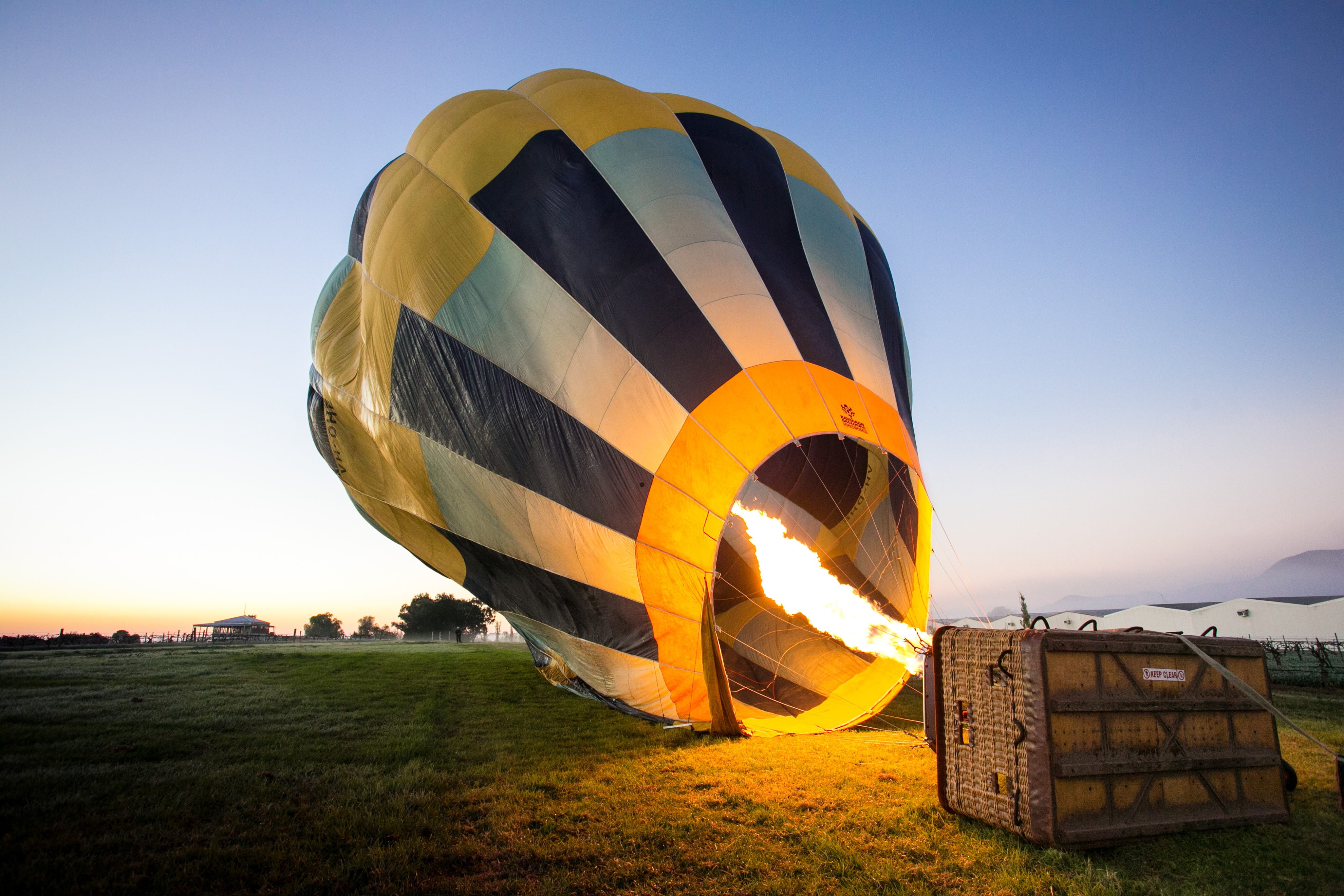 blow, clear sky, Firing, air, sport, basket, ballooning festival, air Vehicle, field, landscape, recreational Pursuit, land, balloon, flying, hot Air Balloon, HD Wallpaper