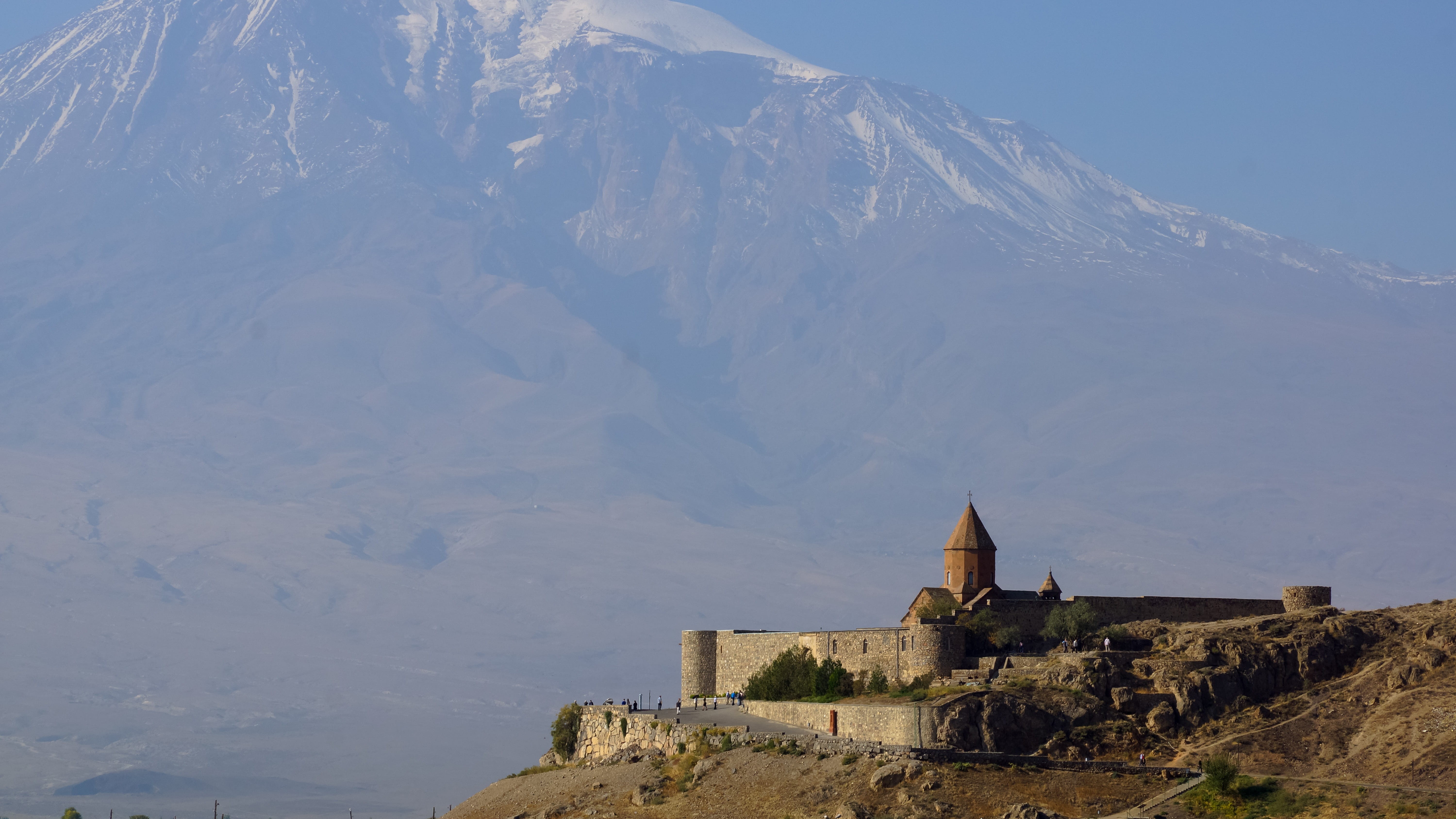 Ararat, built structure, sky, nature, christian, travel, christianity, mountain, place of worship, caucasus, Armenia, belief, the past, landscape, landmark, HD Wallpaper