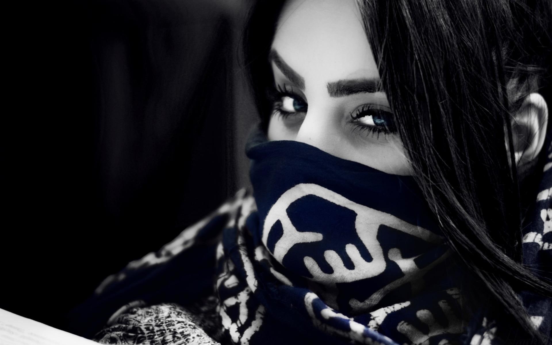 selective, armenia, mask, models, scarf, 1080P, wearing, photography, face, gothic, woman, eyes, ann, grayscale, pov, HD Wallpaper