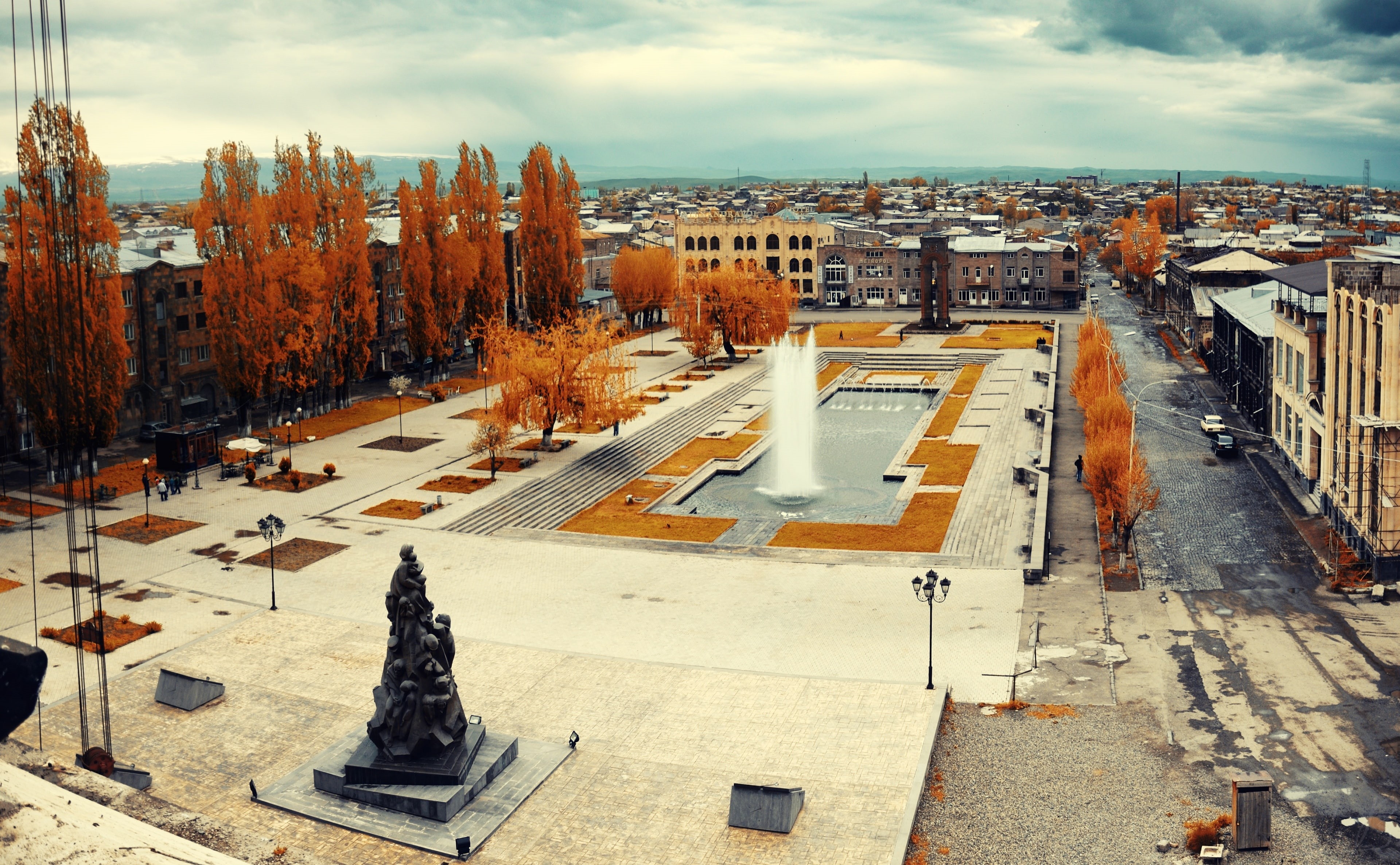 cityscape, Statue, creativity, art and craft, cloud - sky, 4K, armenia, representation, day, built structure, no people, building, town, tree, religion, HD Wallpaper