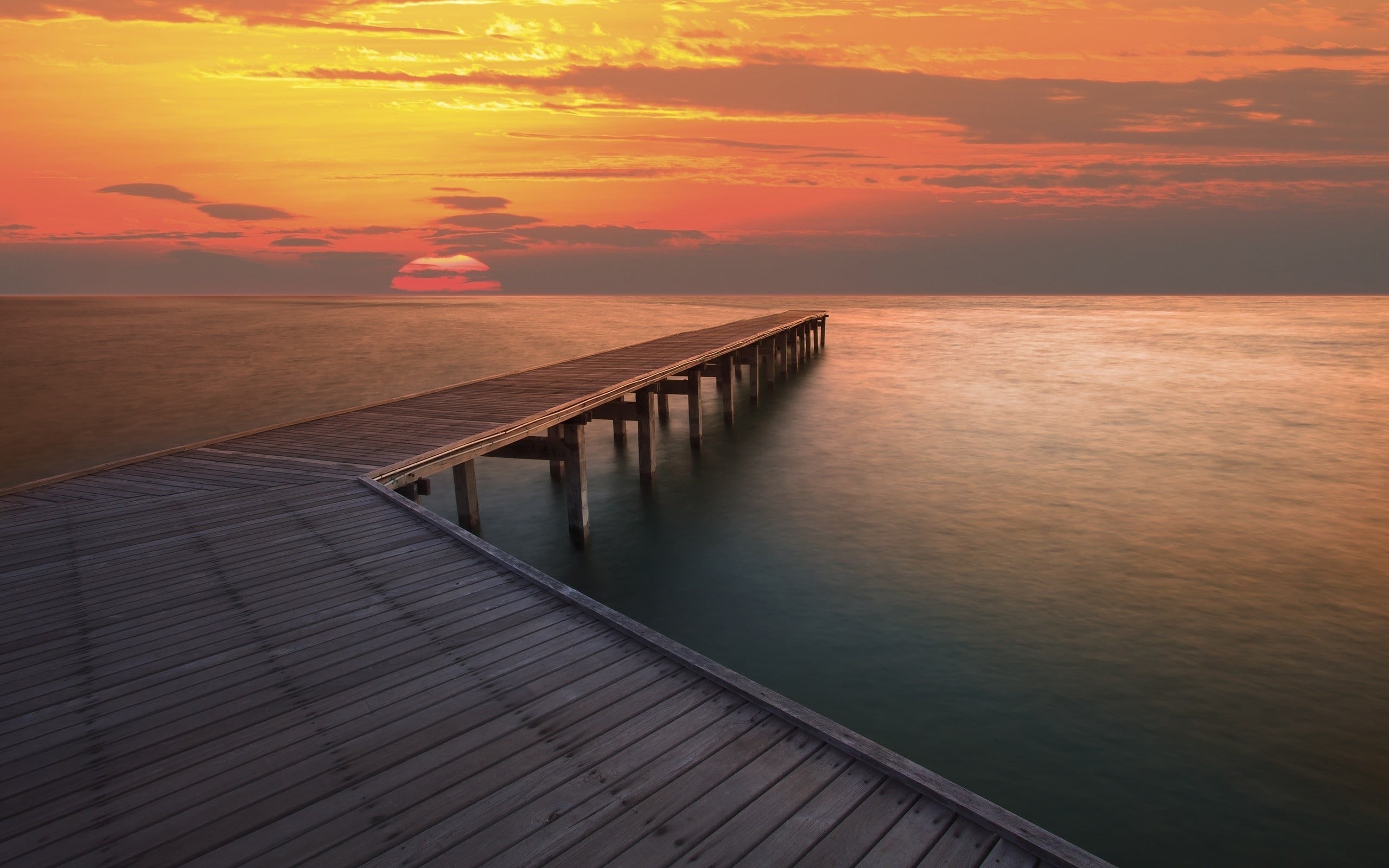 tranquil scene, cloud - sky, sunlight, scenics - nature, horizon, water, orange color, no people, sunset, railing, tranquility, reflection, beauty in nature, HD Wallpaper