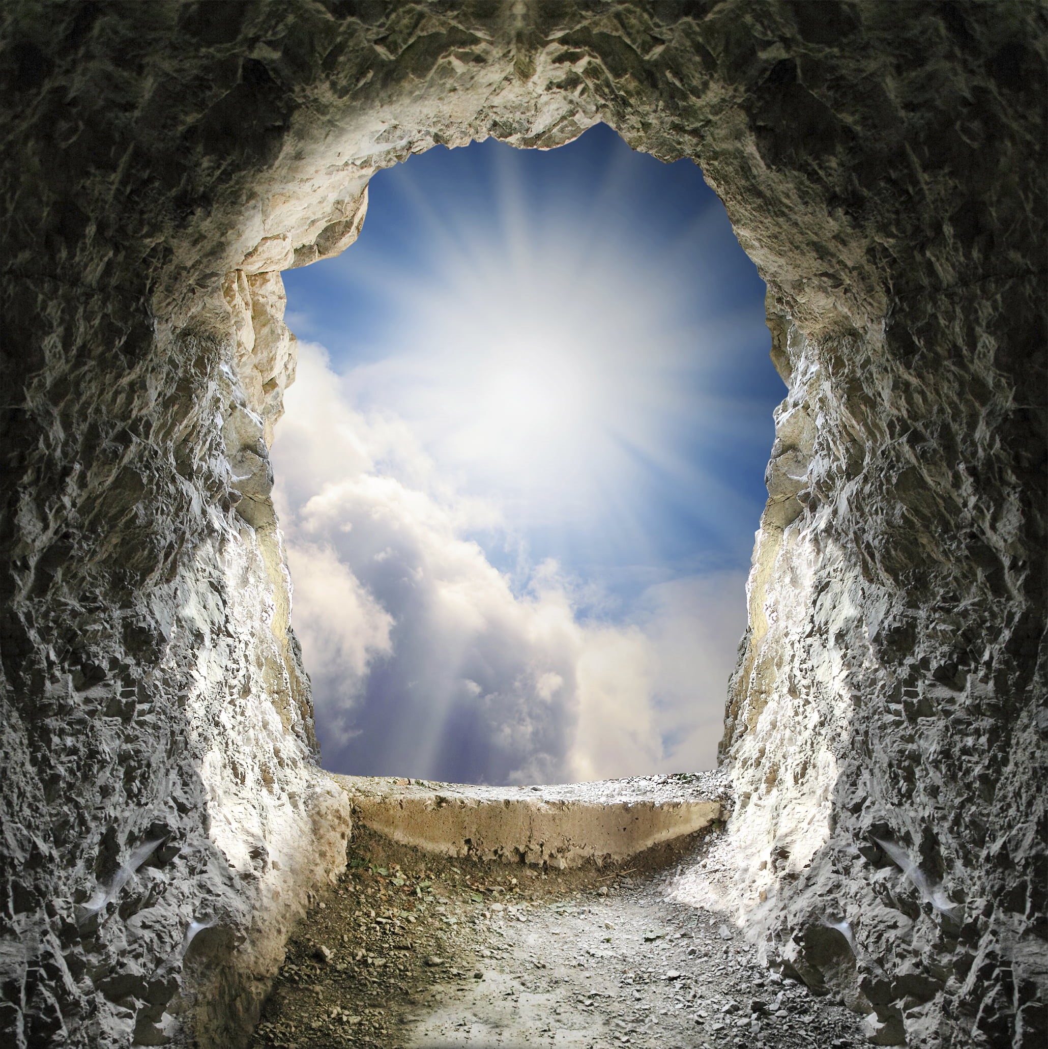 1080P, clouds, Sun, architecture, stone material, scenics - nature, tunnel, day, low angle view, rock, nature, sunlight, solid, light at the end of the tunnel, Phone HD Wallpaper