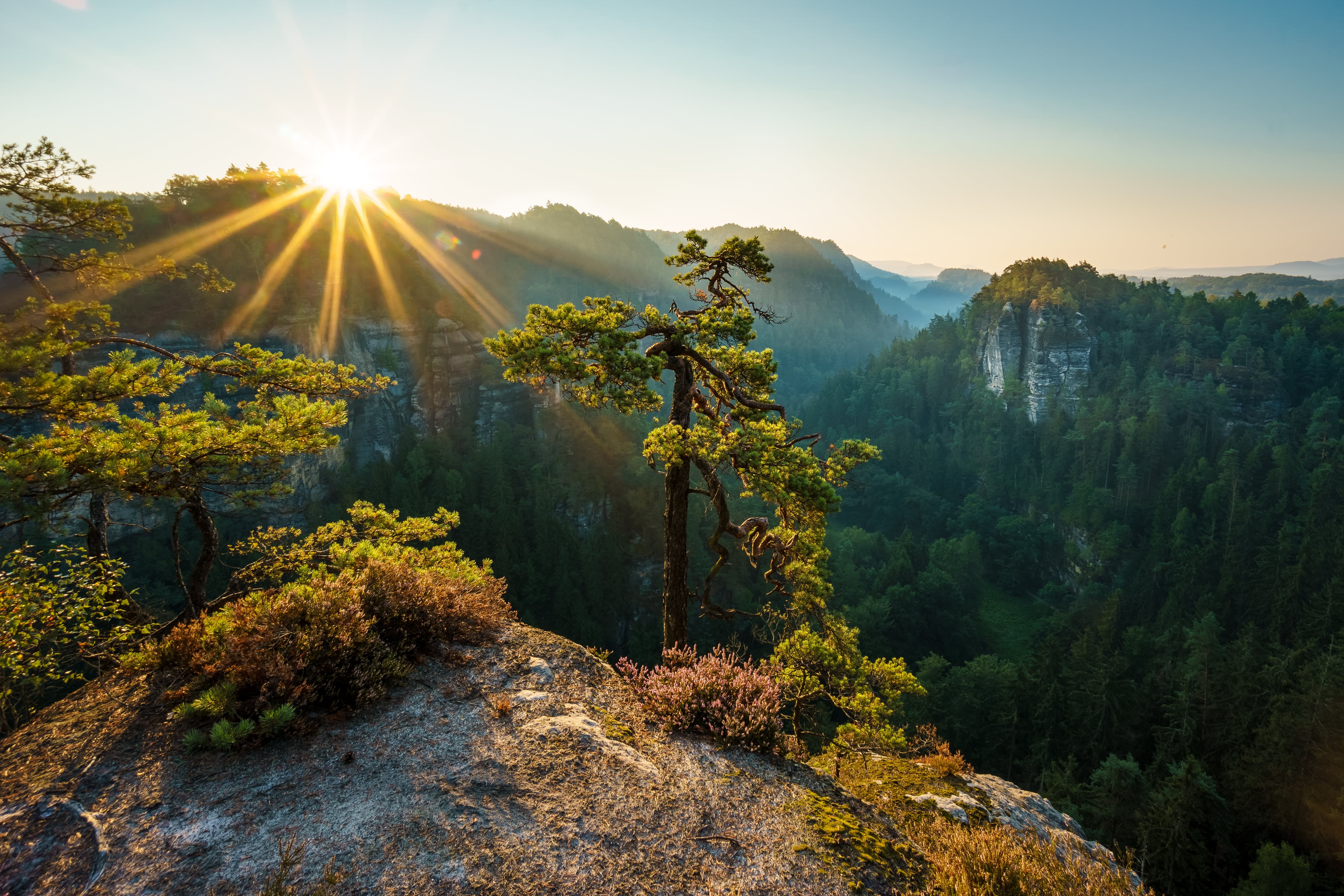 Elbsandsteingebirge, Grün  Blau, photography, Germany, a6000, ranges, Sunrise, SEL, daytime, 4K, Sony  E-Mount, Nature, Sächsische-Schweiz, Landscape, HD Wallpaper
