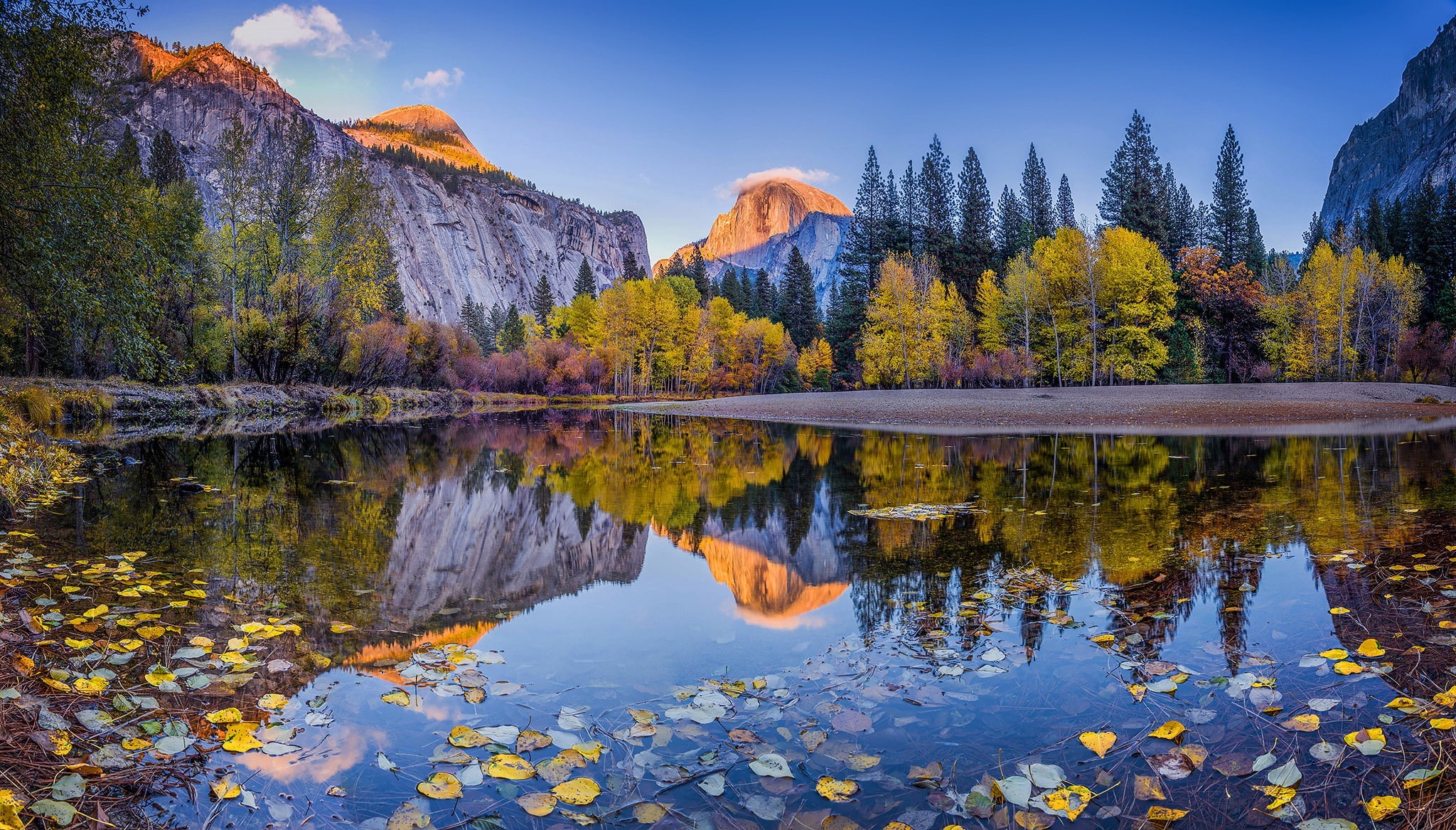 river, fall, trees, sky, USA, day, clouds, National Park, forest, blue, 1080P, park, reflection, leaves, Yosemite, national, Mountain, California, HD Wallpaper